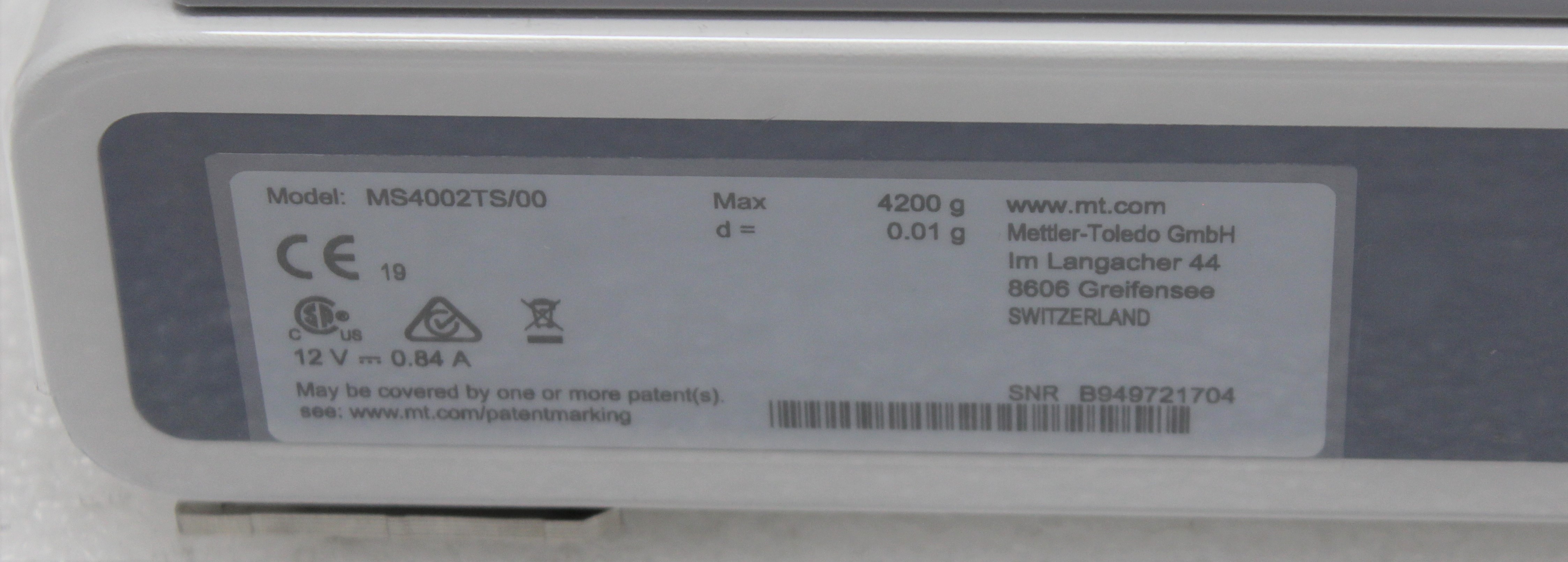 Mettler Toledo MS4002TS Precision Balance, 4200g Capacity, Used, 0.01g Readability