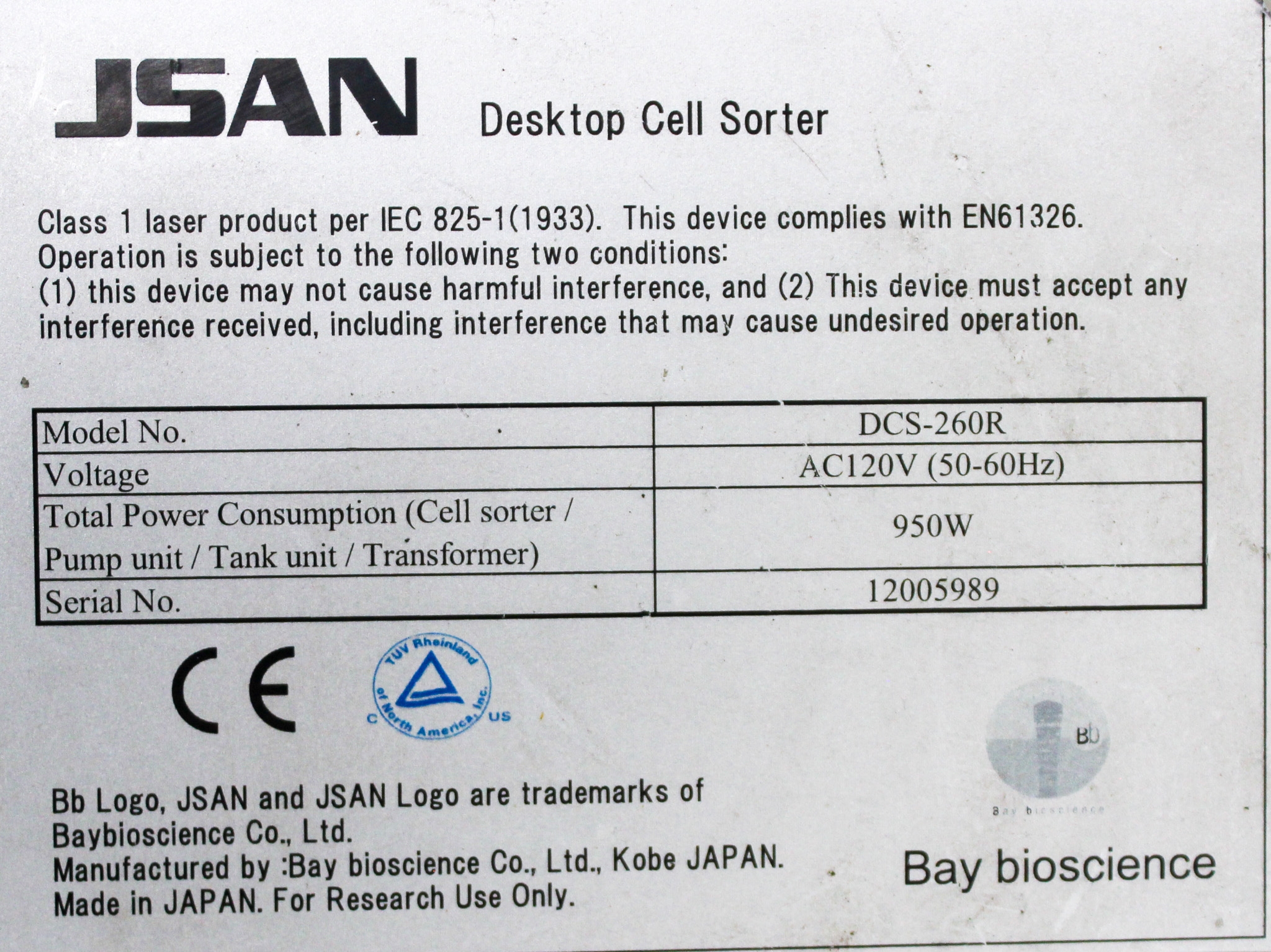 JSAN DCS-260R Desktop Cell Sorter Cell Counting Standalone System Tested