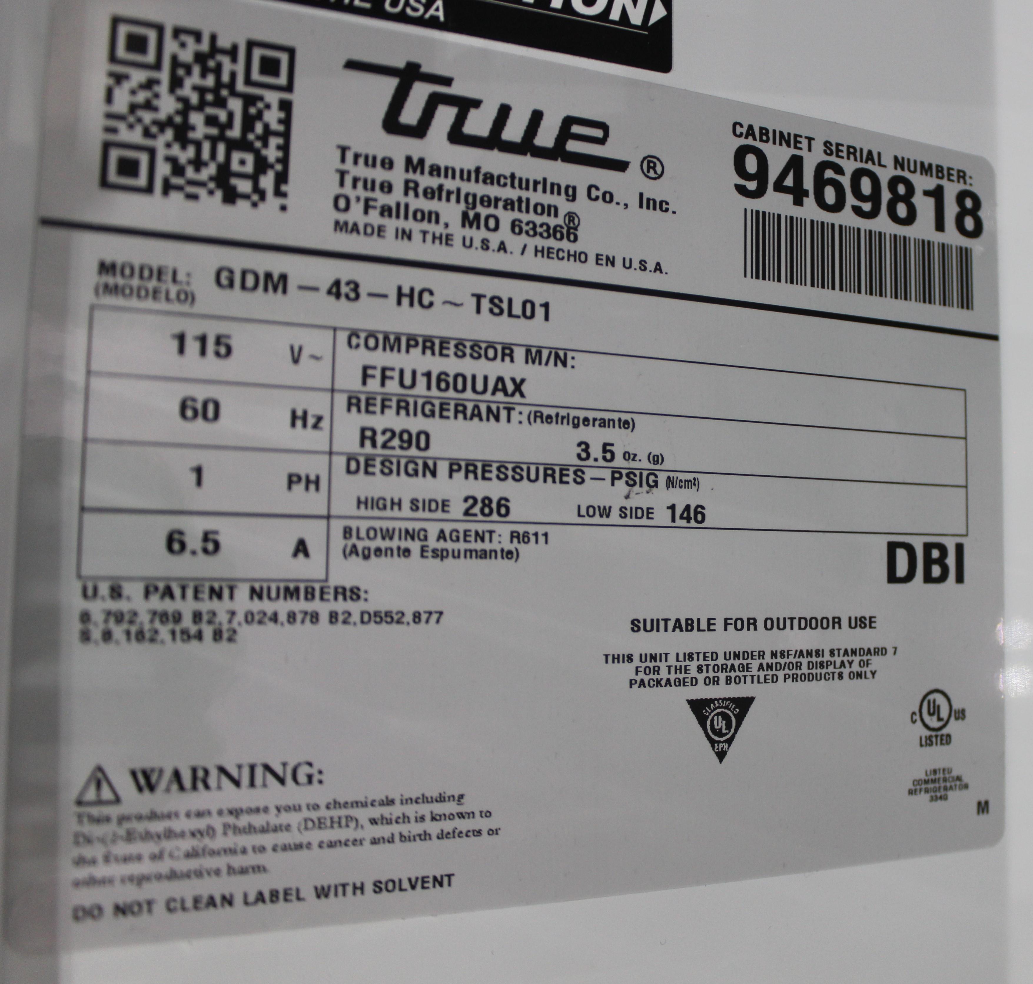 True GDM-43-HC Refrigerator Commercial Glass Door LED Lighting 40.6 cuft