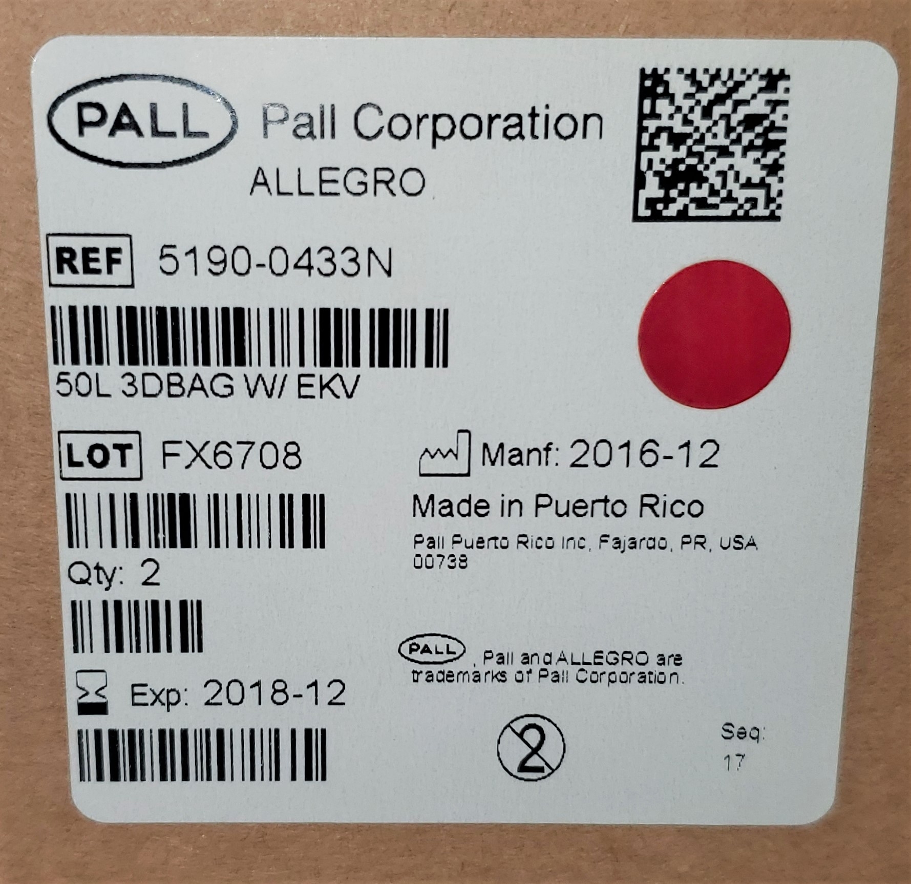 Pall Allegro 50L 3D Bag Bioprocessing Single Use Mixer Includes EKV