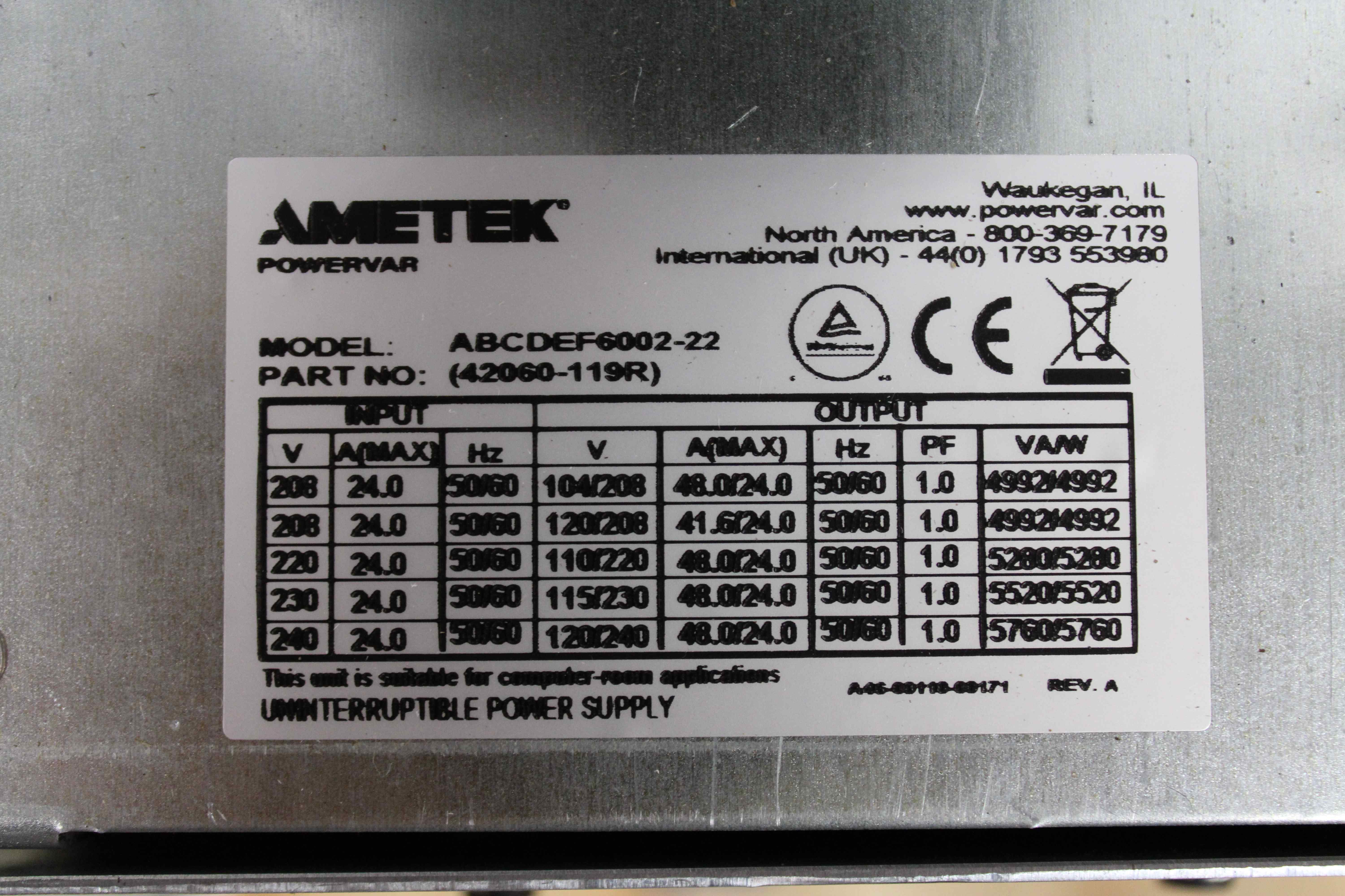 Powervar Security Plus II Power Supply UPS ABCDEF6002-22 6000 VA