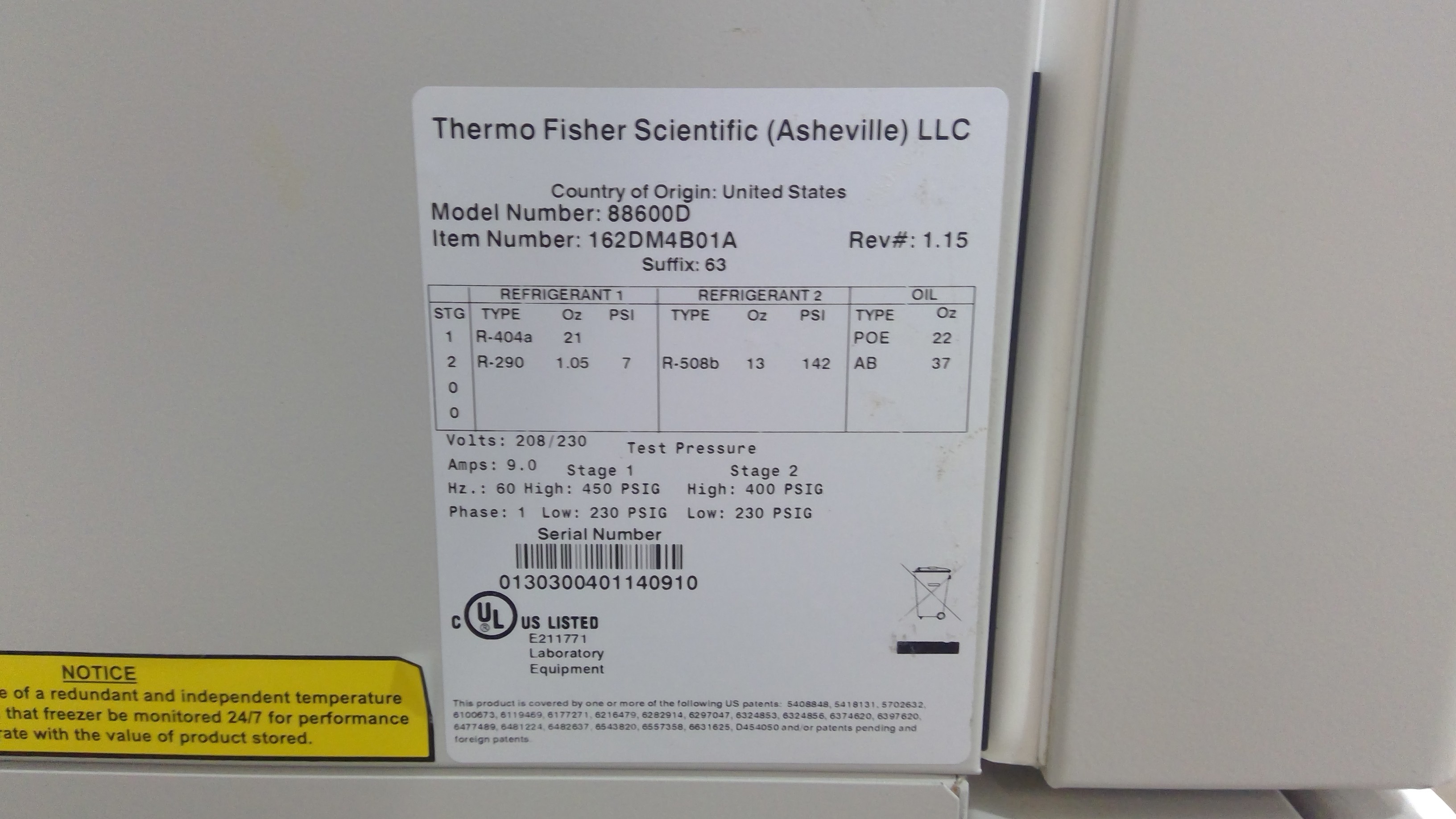 Thermo 88600D Ultra-Low Freezer -50 to -86C, 28.8CU FT, HIC Touch Panel