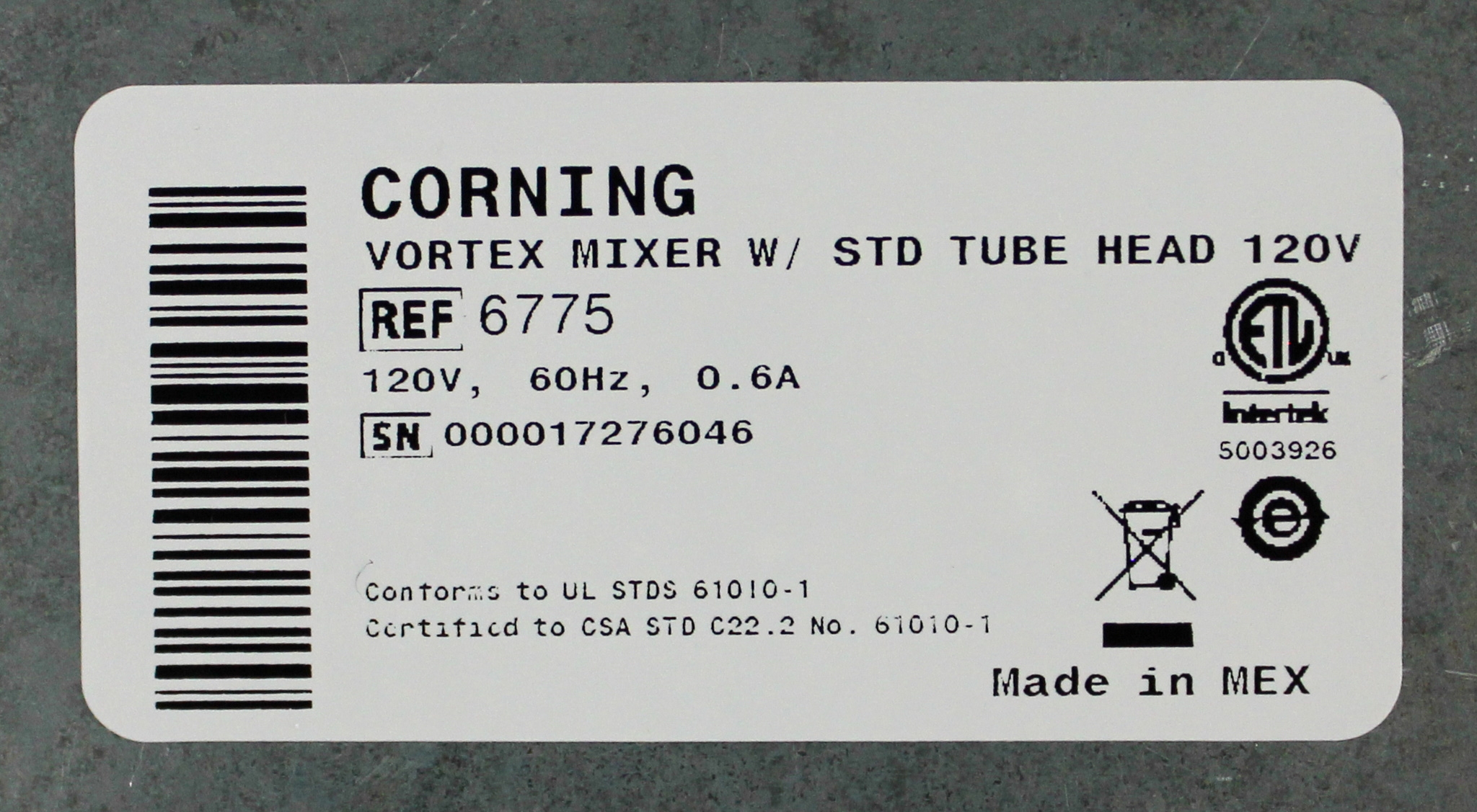 Corning Ref: 6775 Vortex Mixer w/STD Tube Head Variable Speed 120V