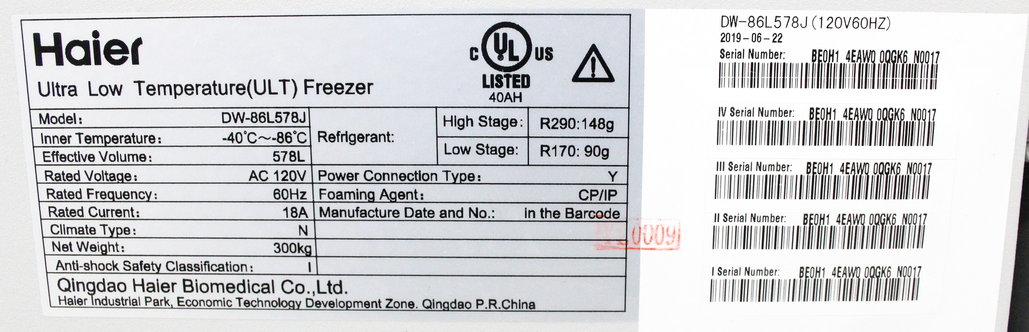 Haier DW-86L578J Ultra Low Freezer -40 to -86C Energy Efficient