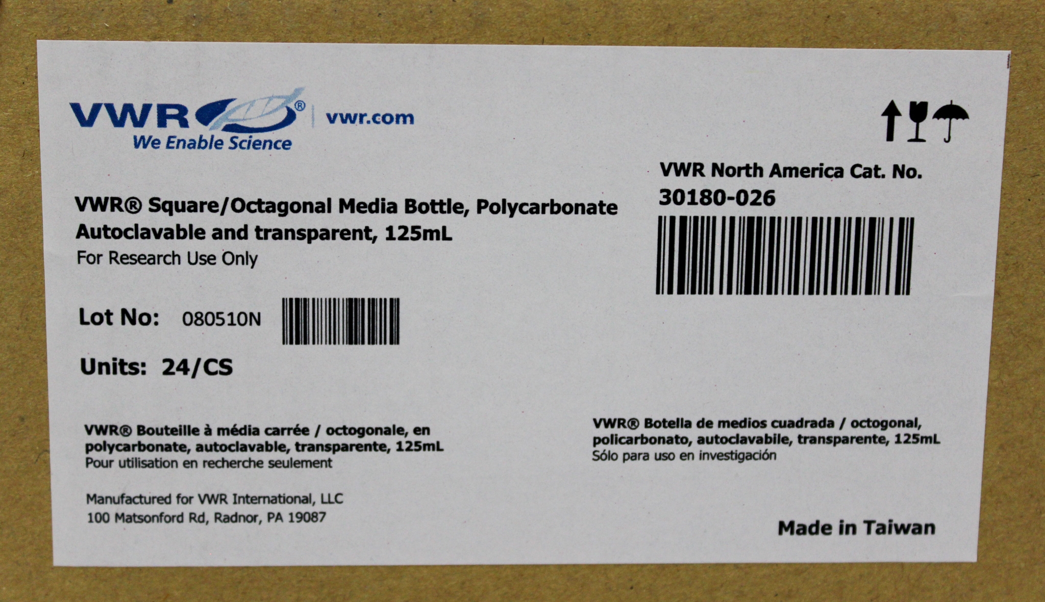 VWR 30180-026 Laboratory Media Bottle 125mL PET -40C to 65C Autoclavable
