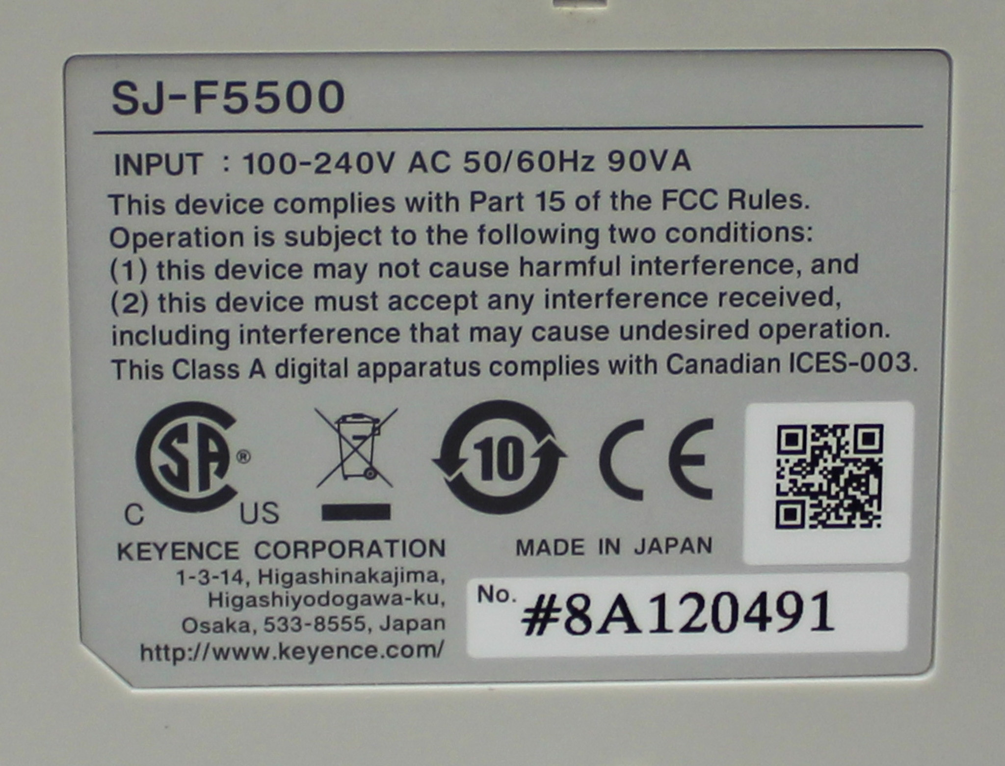 Keyence SJ-F5500 Static Eliminator Blower 7000V 18.7ft/s Used Effective