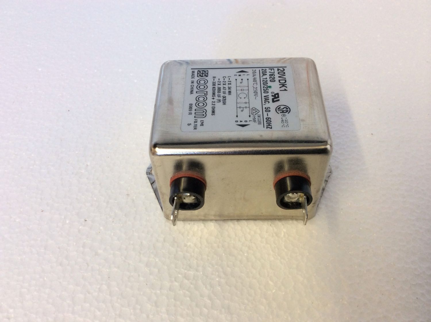 Corcom EMI Filter 20VDK1, 20A, 120/250VAC, Electrical Component AS-IS