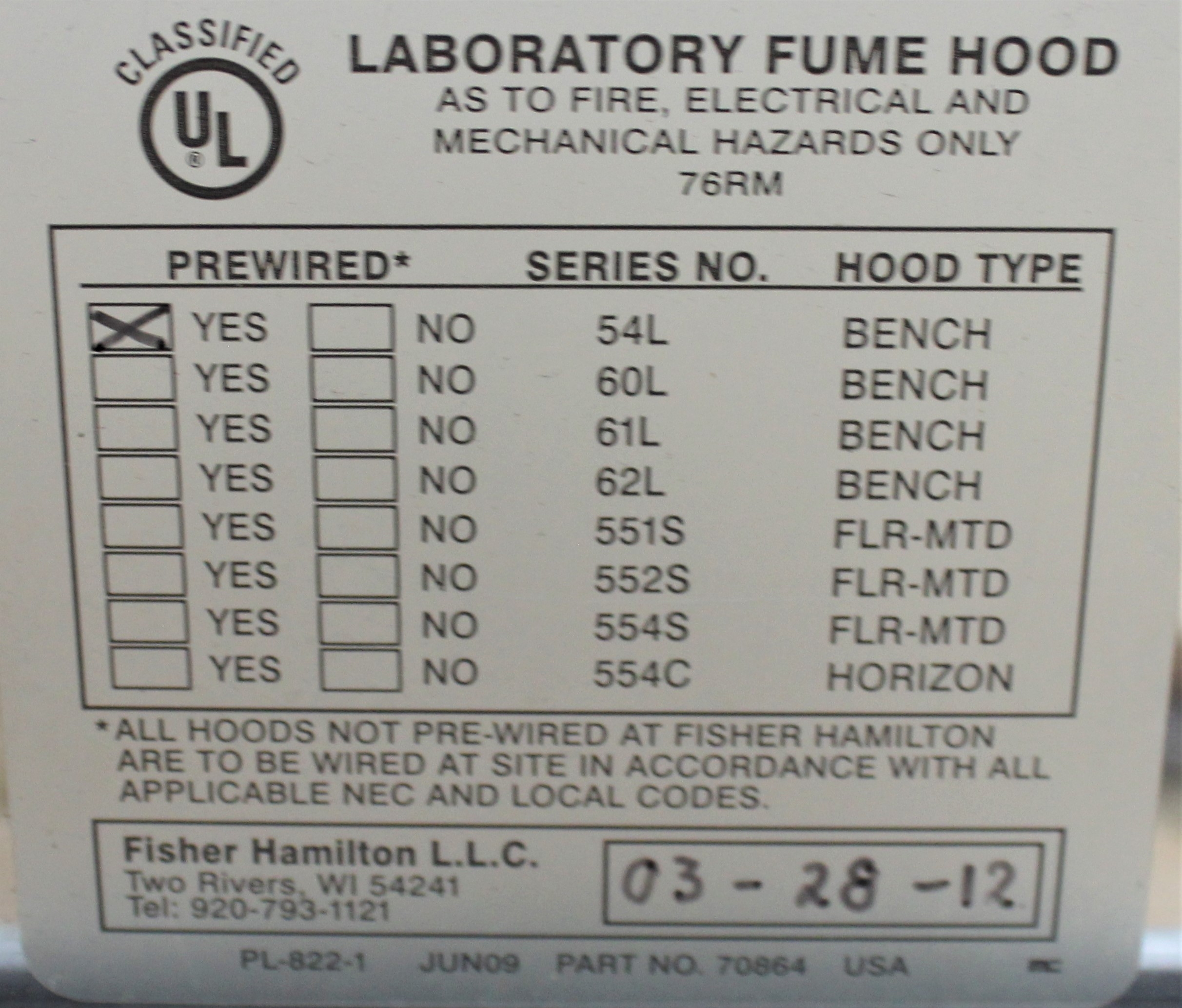 Hamilton SafeAire II Fume Hood Clean Air Ventilation System 60in Used