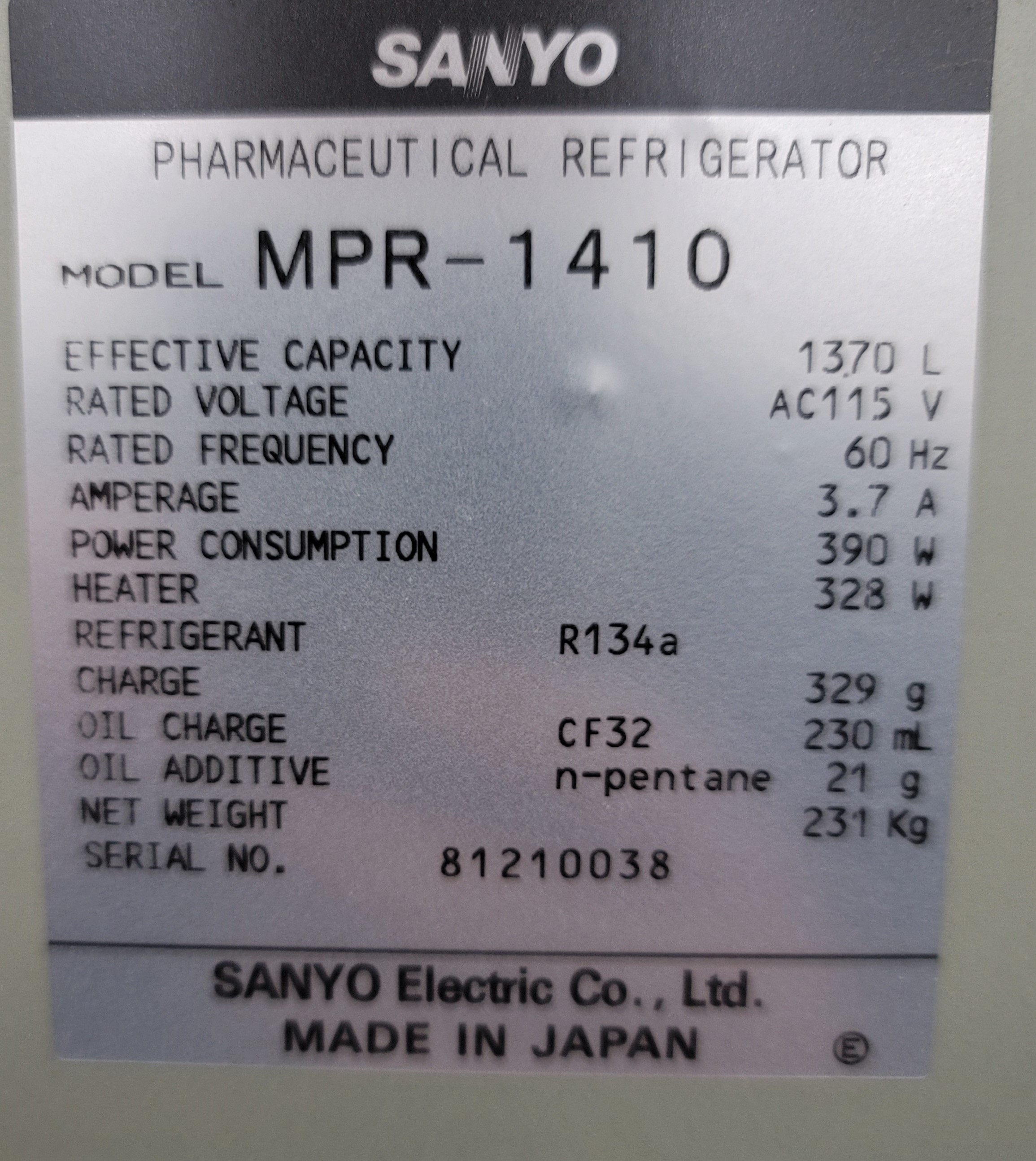 Sanyo MPR-1410 Large Capacity Pharmaceutical Refrigerator 2-23C 1365L