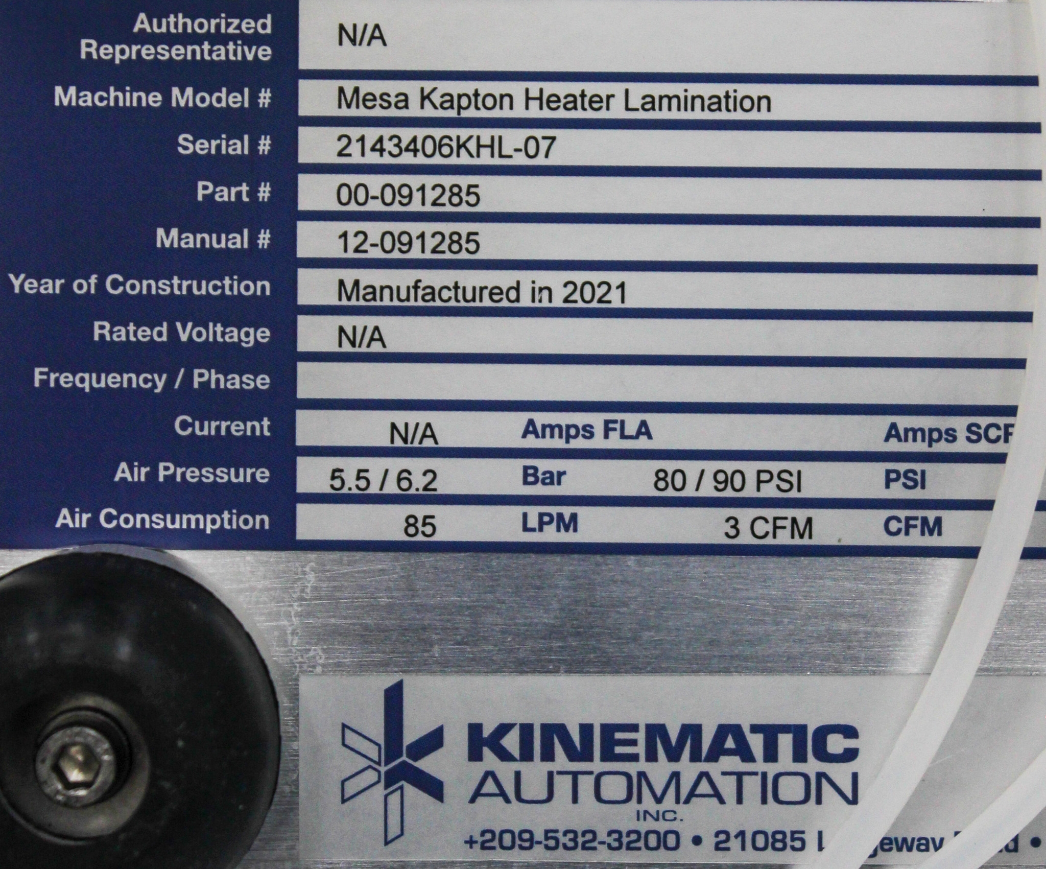 Kinematic Mesa Heater Lamination, Card Lamination, 2021, Air Pressure: 5.5-6.2
