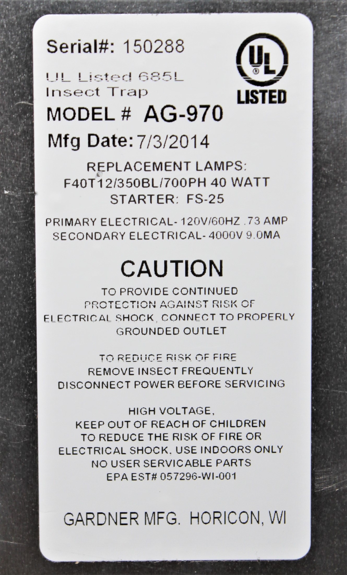 Gardner AG-970 Electrocutor Insect Trap 80W, Non-Chemical, 2500 sq. ft. Range