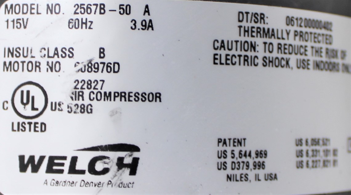 Welch 2567B-50 Vacuum Pump WOB-L Style, 100 LPM, 60 Torr, Used, VG Condition