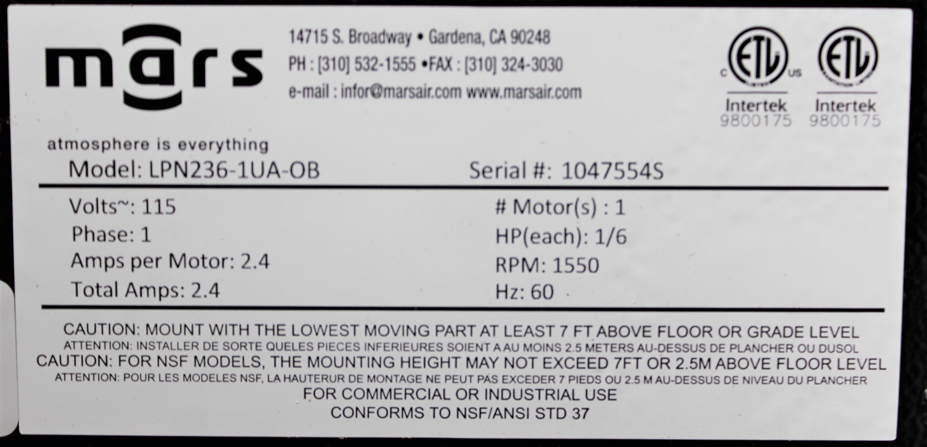 Mars LPN236-1UA-OB Air Curtain Unheated for Sanitation 7' Max Height 1/6HP