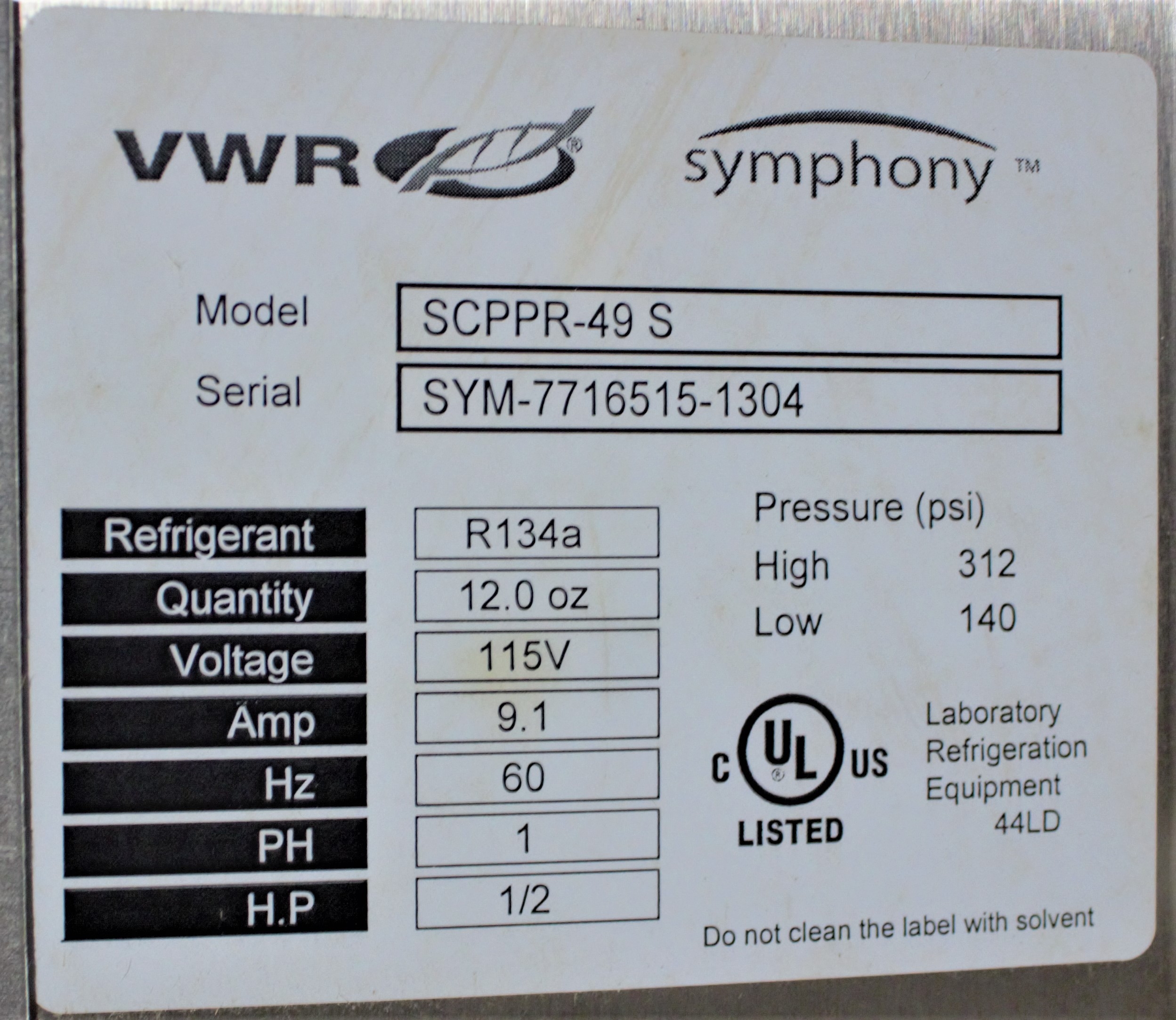 VWR Symphony Double Door Lab Refrigerator 4C Stainless Steel 120V 60Hz