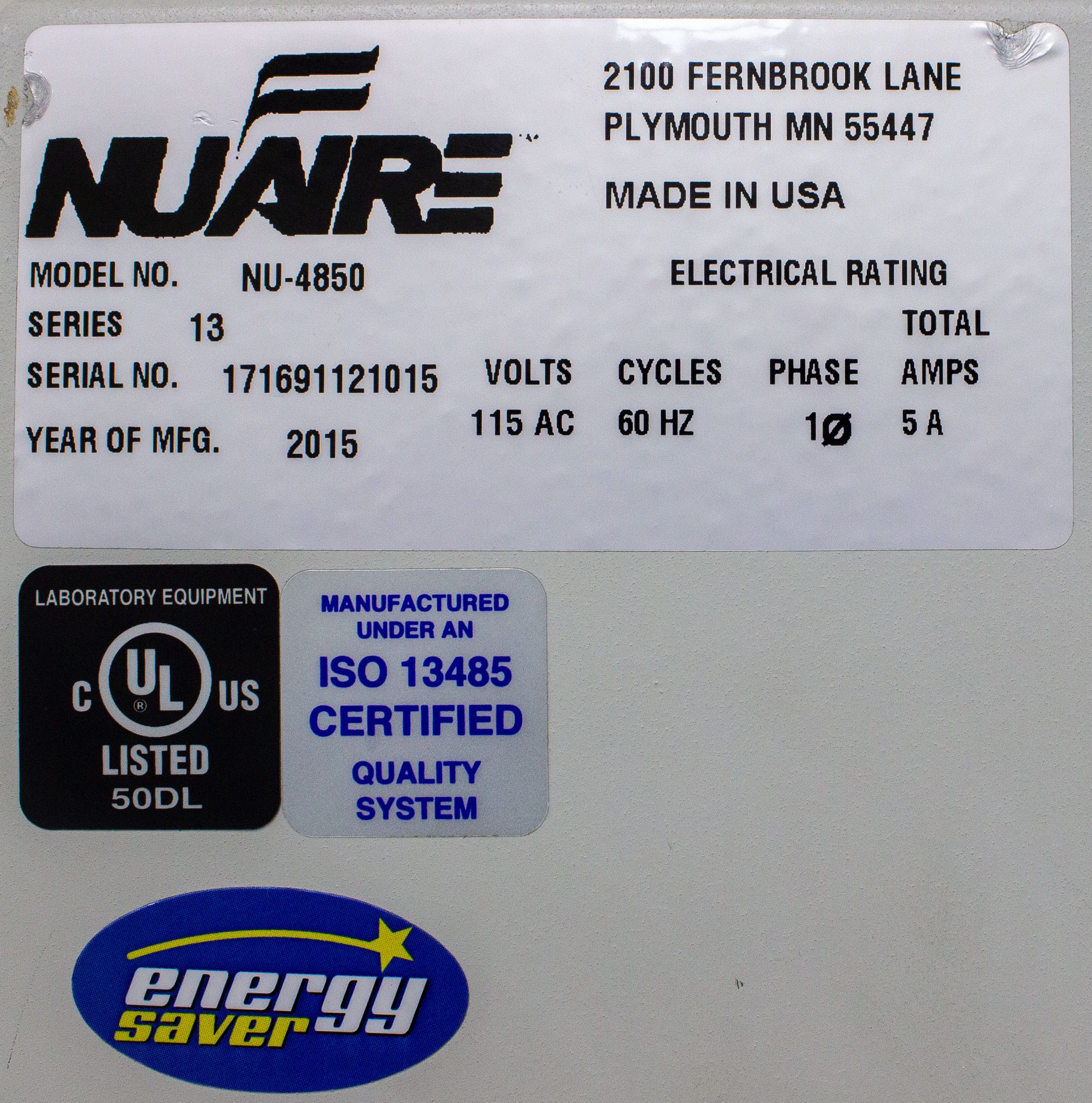 NuAire NU-4850 Incubator CO2 Controlled Temp Range 5-55C 20-Gallon Capacity