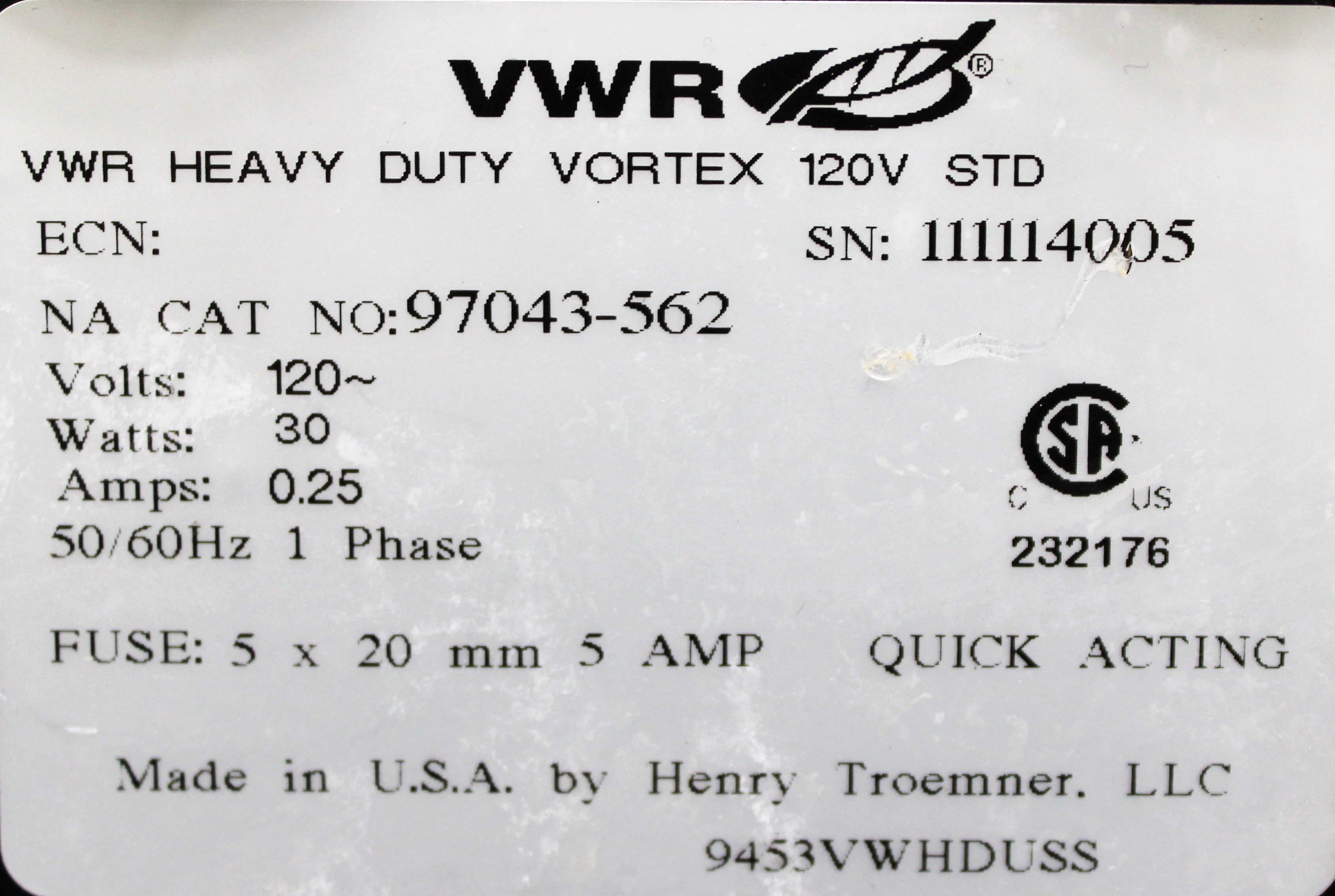 VWR 97043-562 Heavy Duty Vortex Mixer 3500RPM Variable Speed Used VG