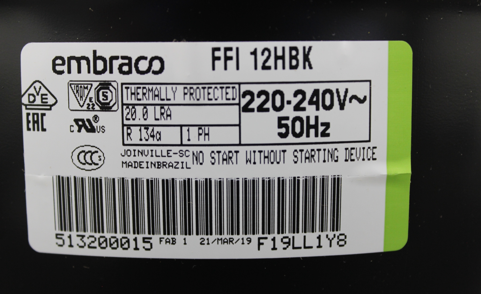 Embraco FFI12HBK CPD Storage Compressor R134 1/3 HP 240V Refrigeration