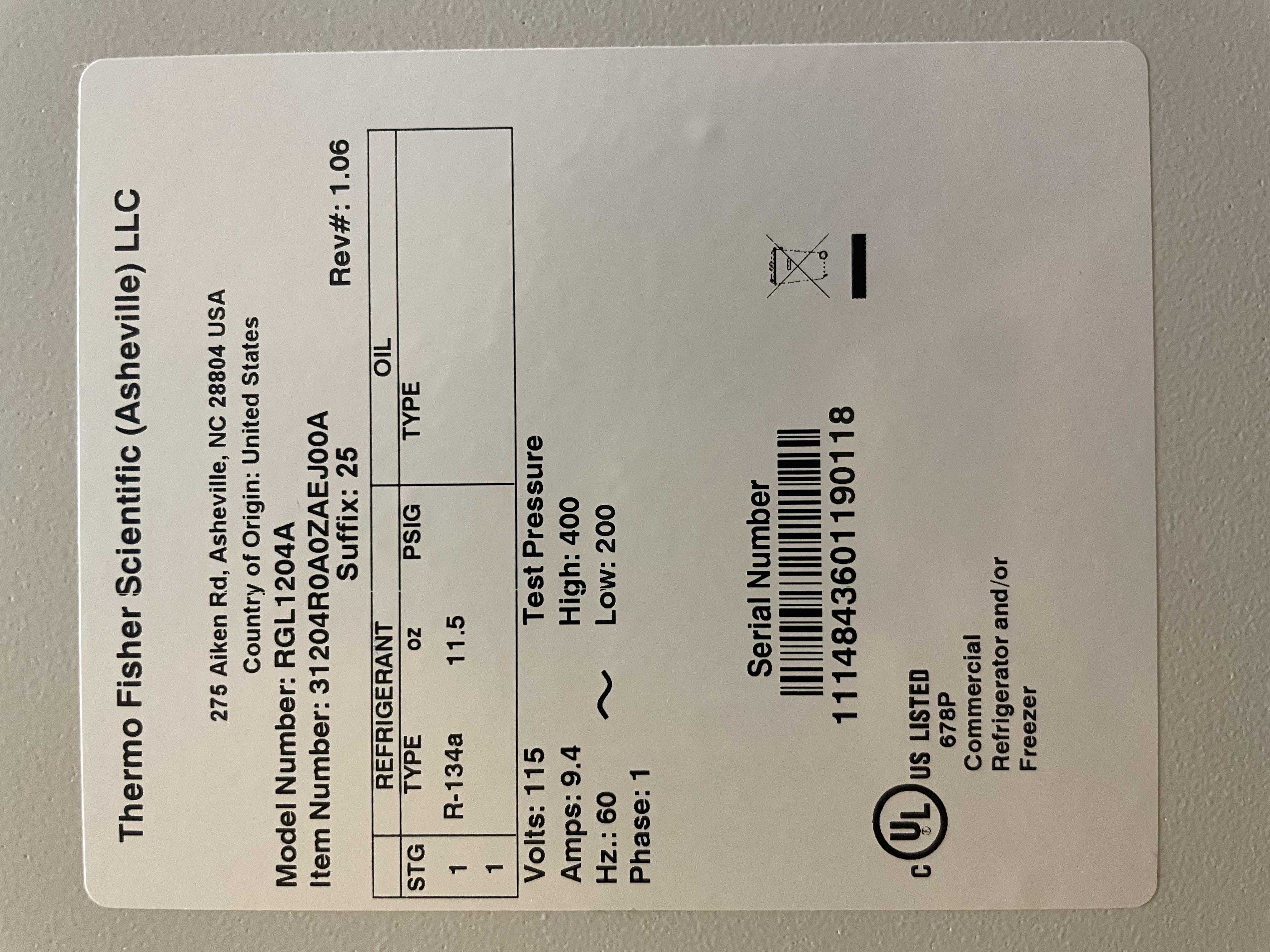Revco RGL1204A Refrigerator Laboratory 11.5 cu ft 1-8C Adjustable Temp
