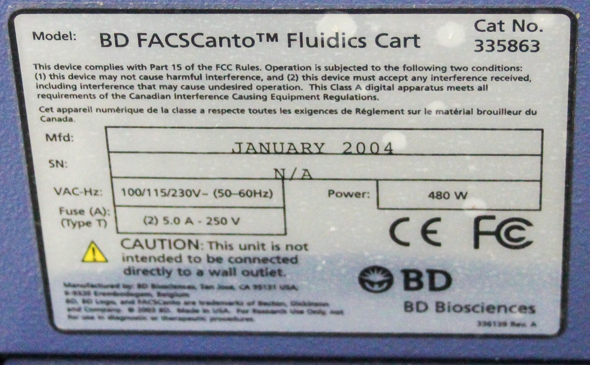 BD Biosciences BD FACSCanto Fluidics Cart for Flow Cytometry, Used, 120V/220V