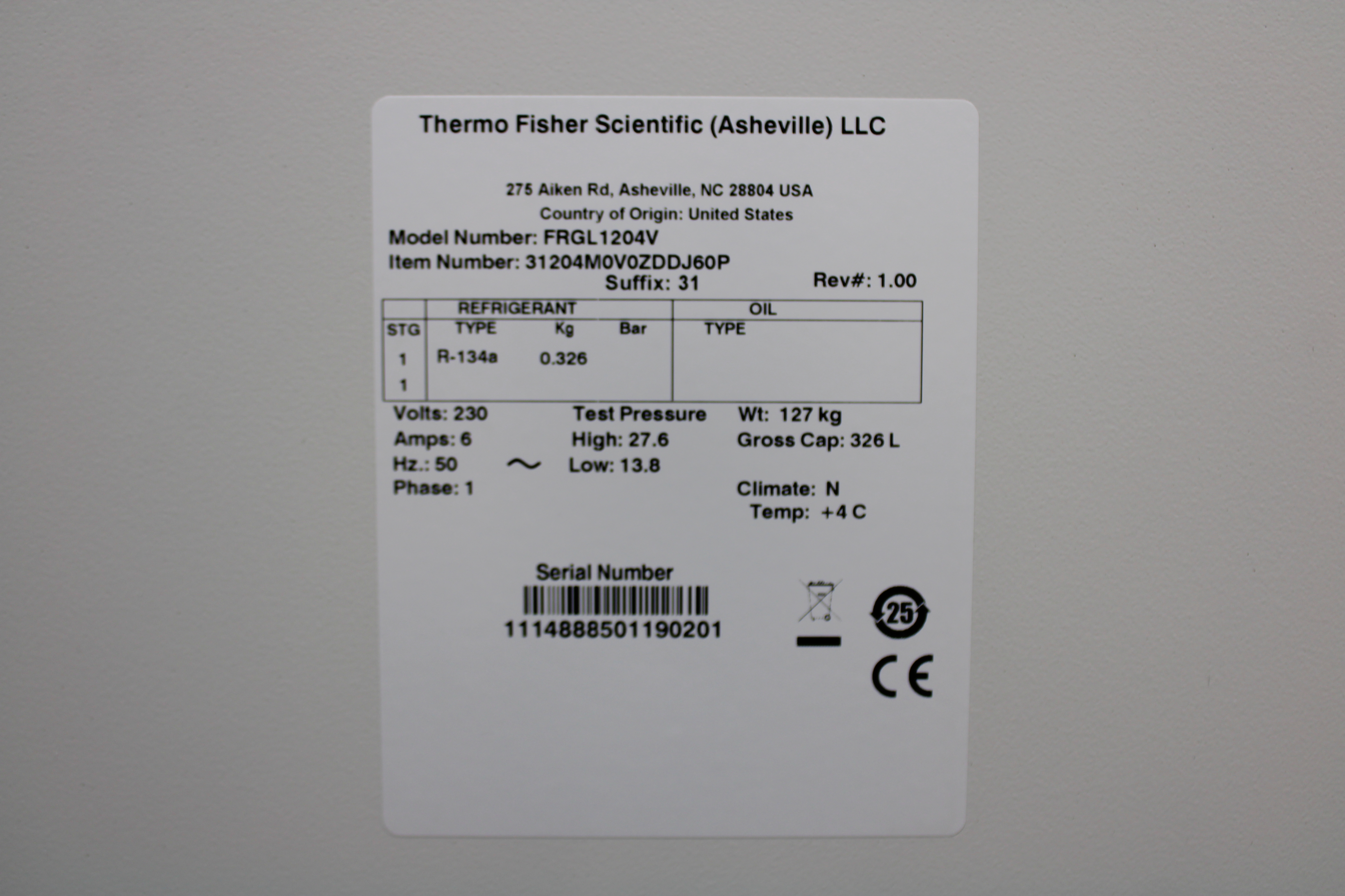 Thermo FORMA FRGL1204V Refrigerator 11.5 CU FT 230V 50Hz Euro Plug Used