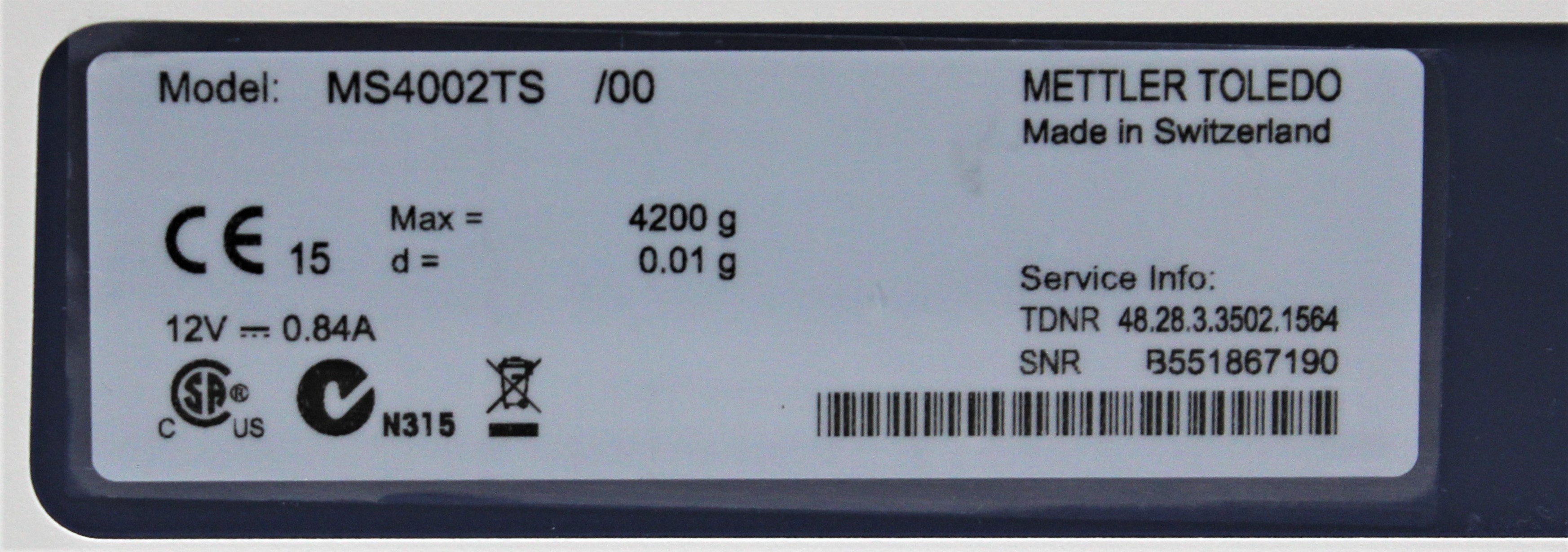 Mettler MS4002TS High Capacity Precision Balance 4200g Intuitive Touchscreen