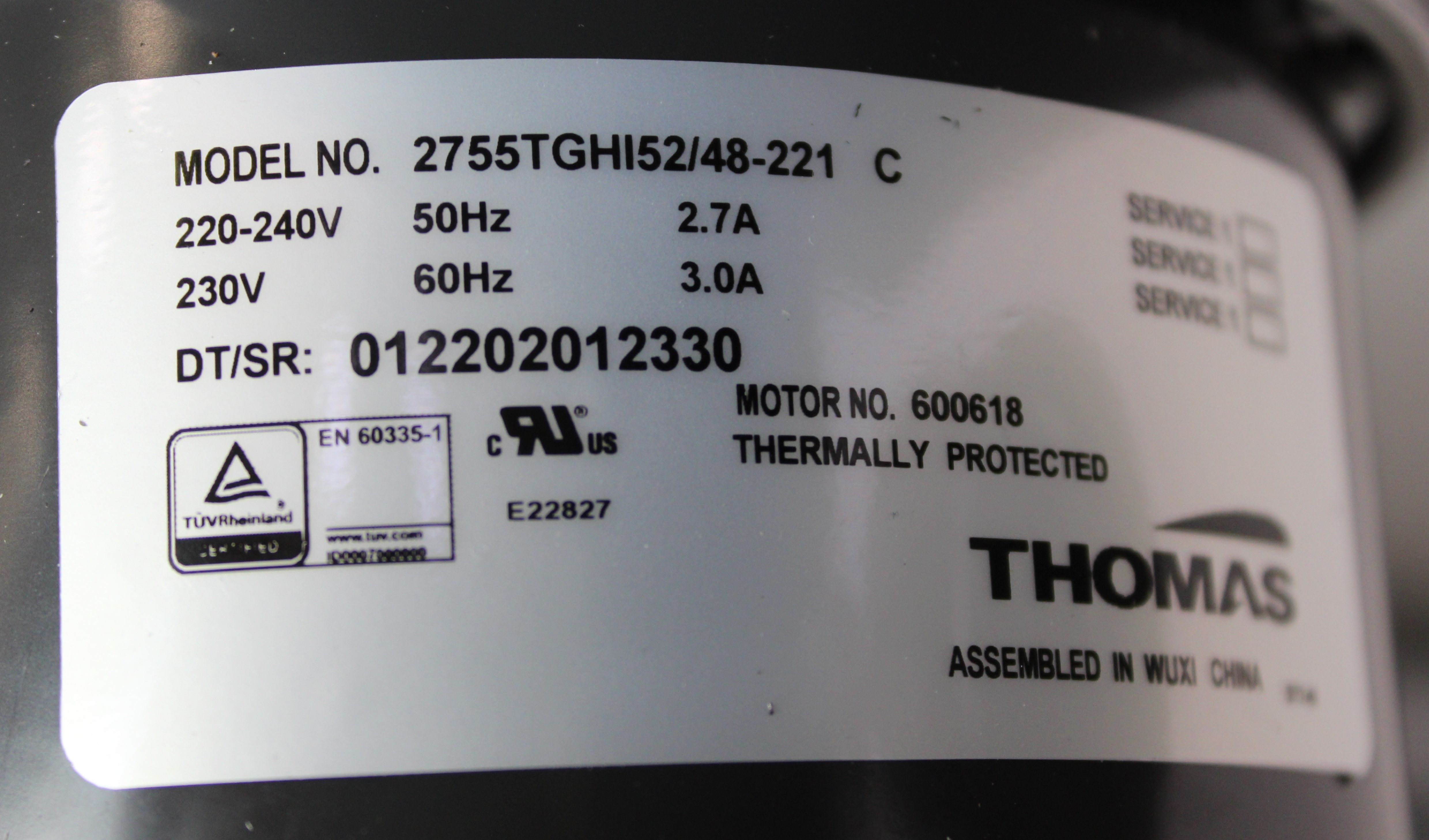 Thomas 2755TGHI52/48-221 Air Compressor For Labs and Industrial Use 240V 50/60Hz