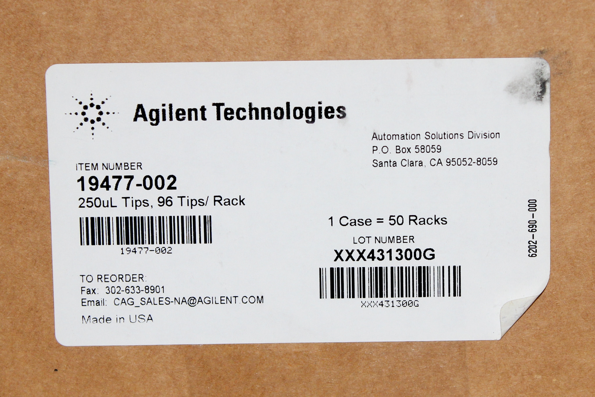 Agilent Technologies 19477-002 Pipette Tips 250uL 96 Tips/Rack for Lab Use
