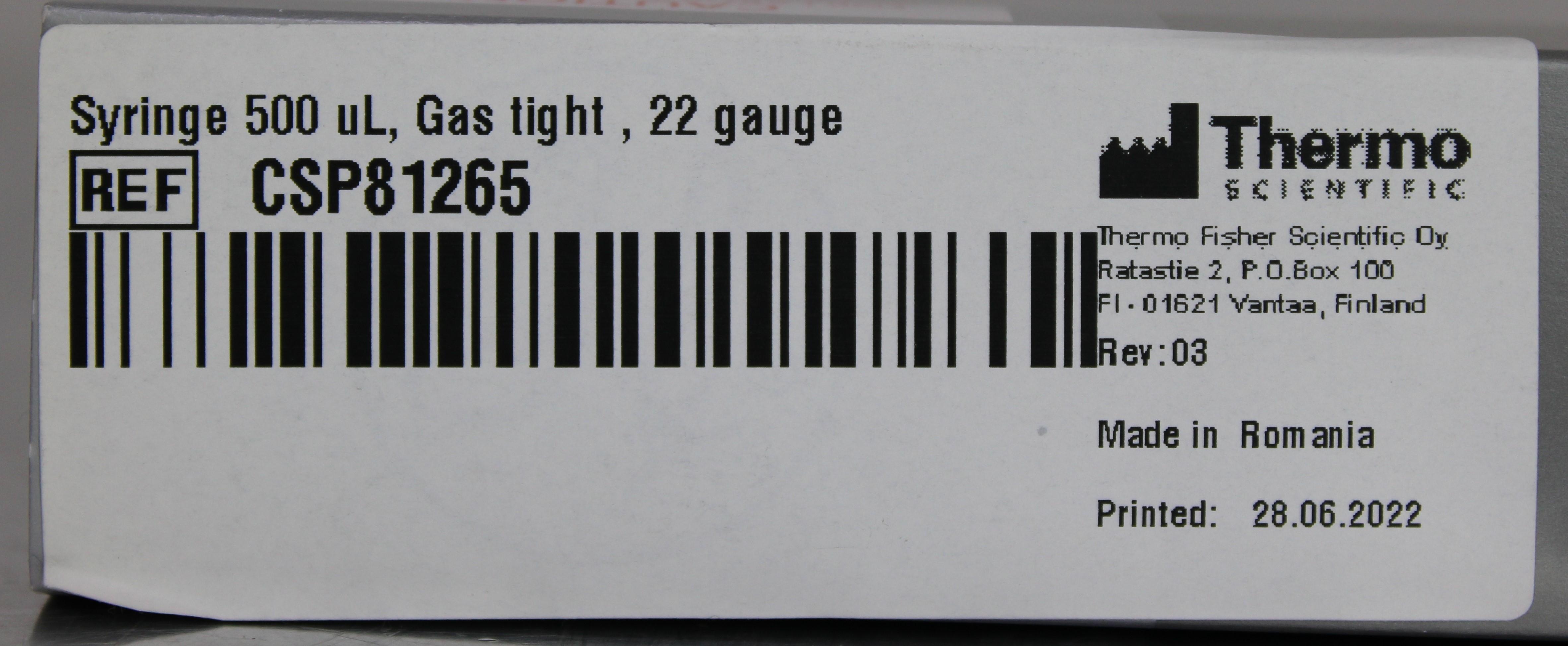 Hamilton 1750 RN Gastight Syringe 800uL 22 Gauge 500psi Temperature Rated