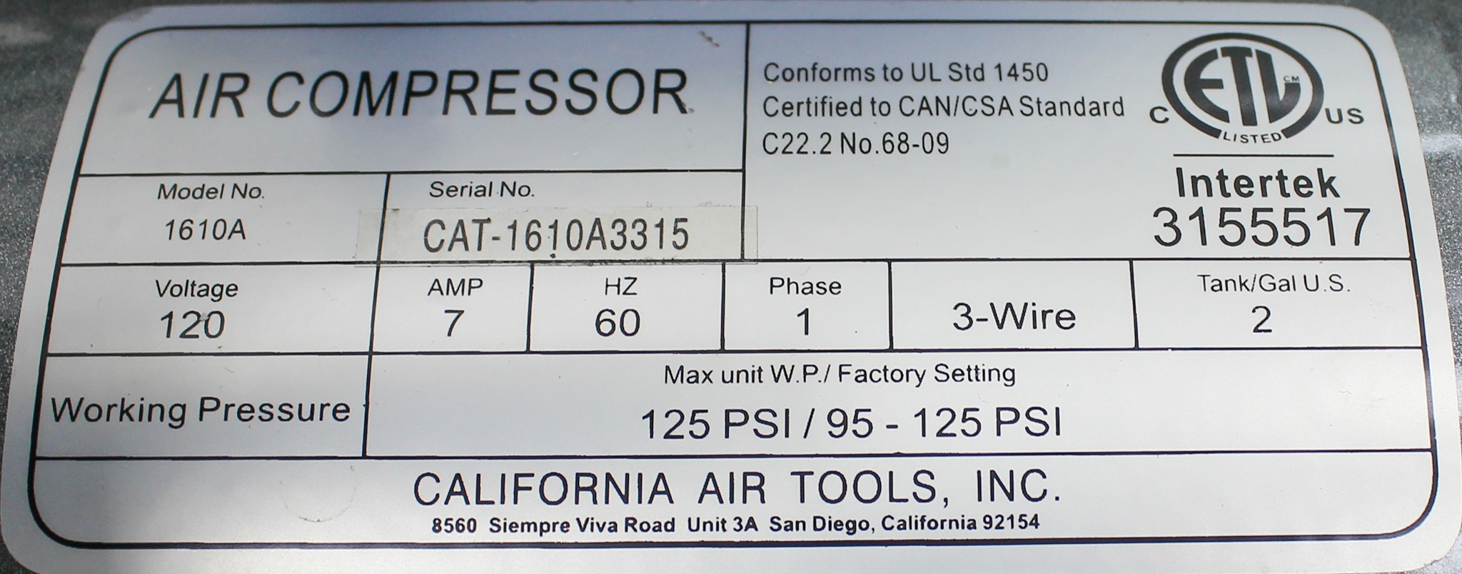 California Air Tools 1610A Oil-Free Air Compressor 1HP, Ultra Quiet, 60dB