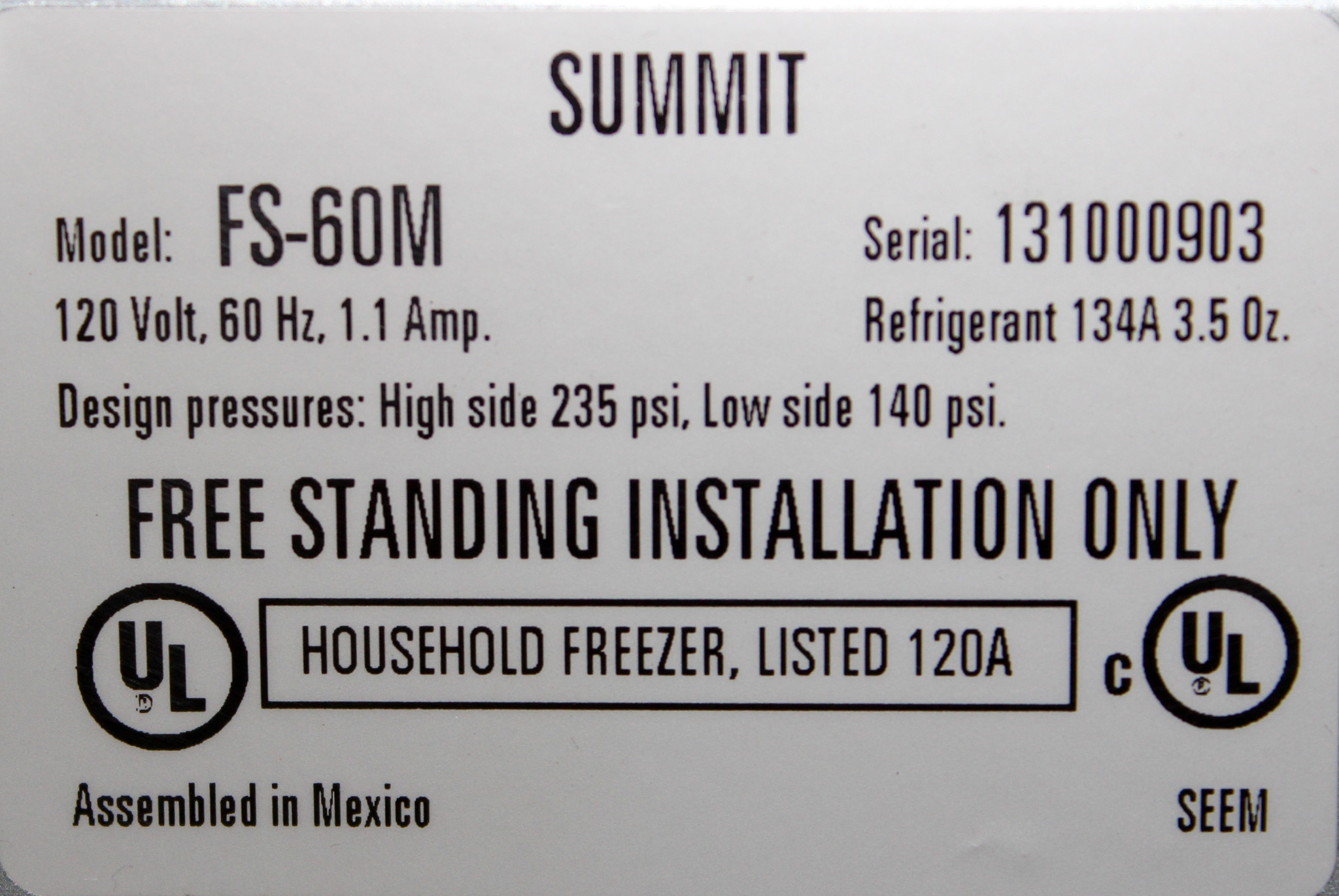 Summit FS60M-L All-Freezer 5.0 cu.ft. Manual Defrost Energy Efficient System