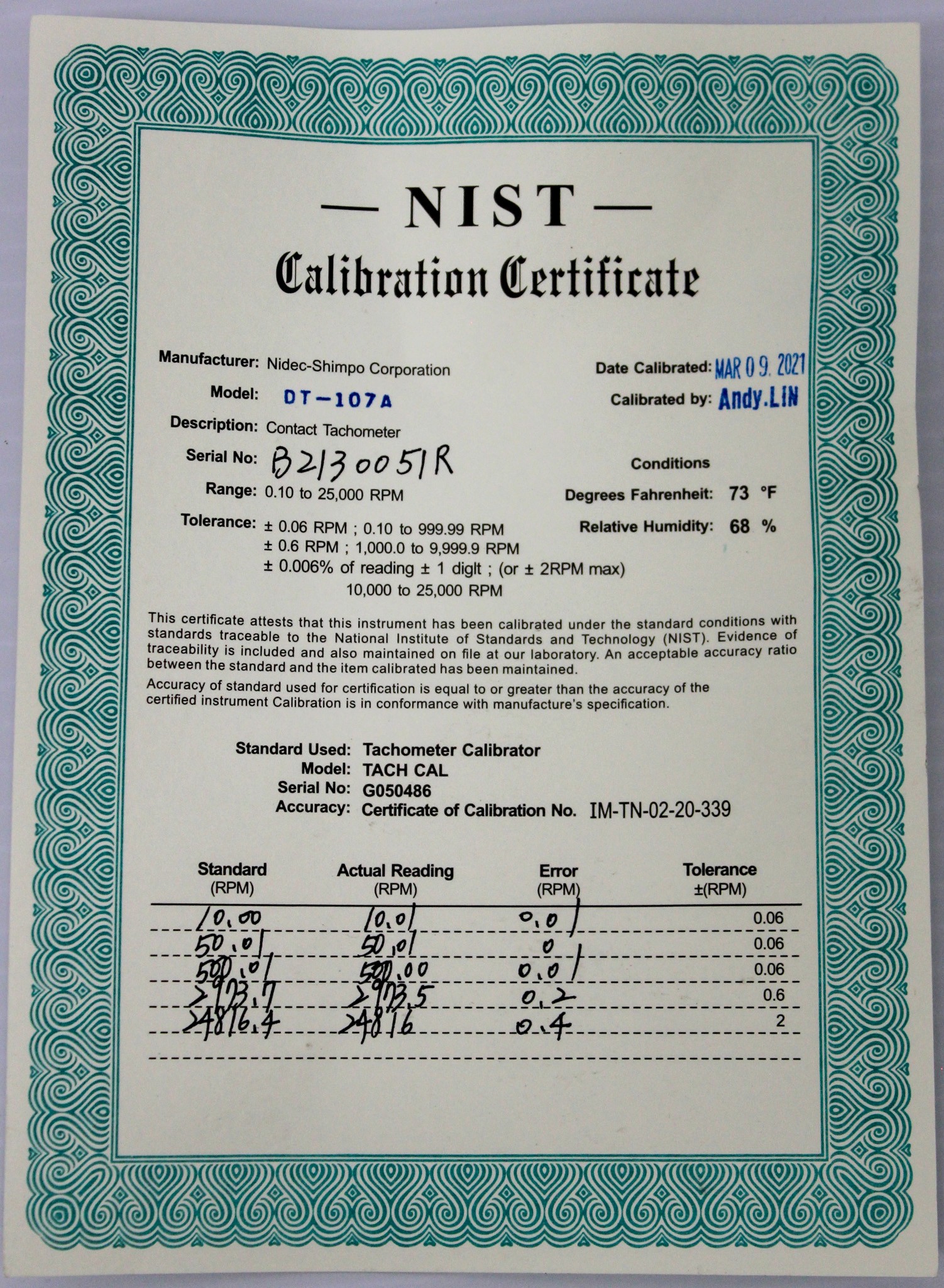Nidec DT-107A Handheld Tachometer with Calibration Wheel and LED Display