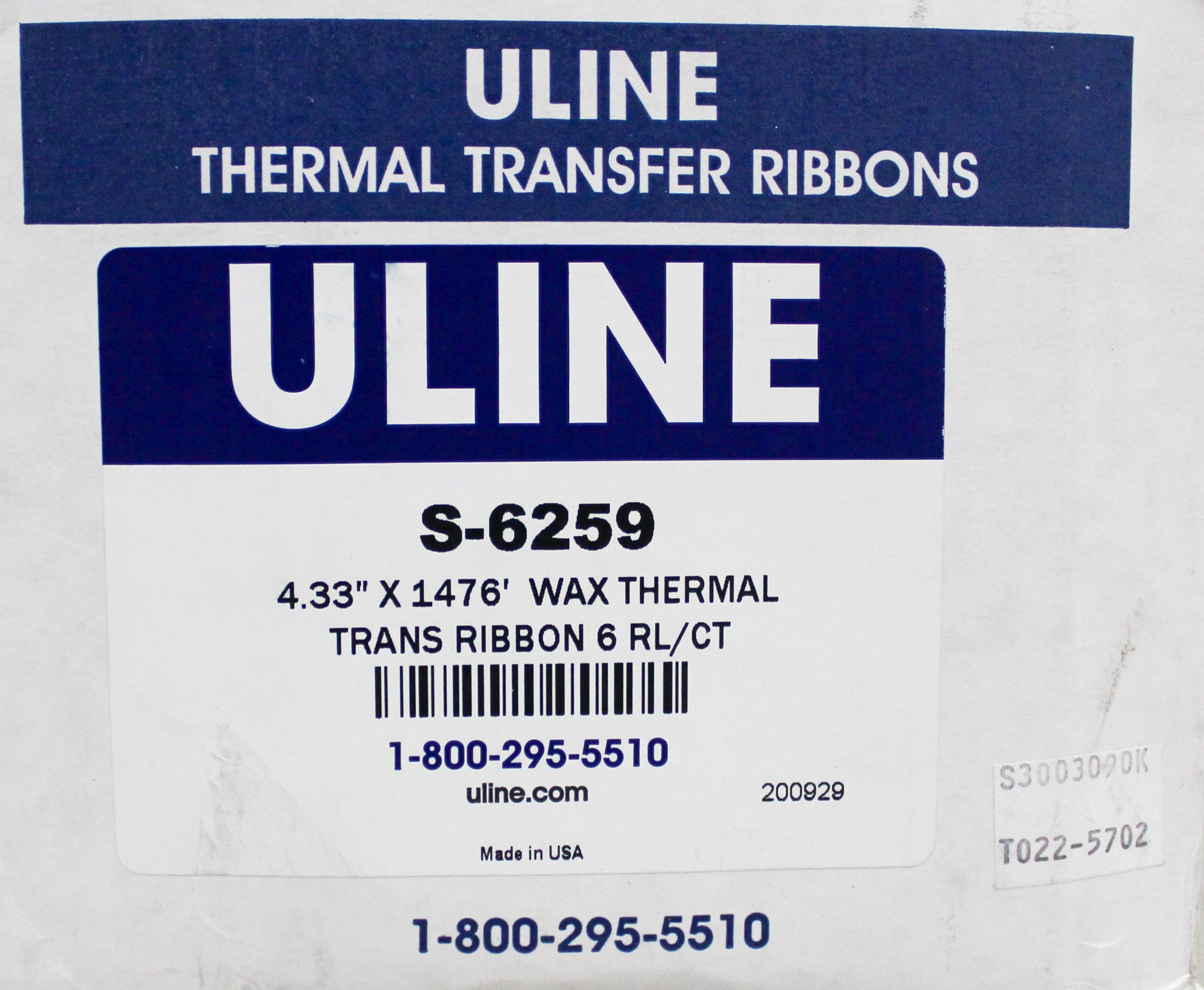 Uline S-7483 Thermal Transfer Ribbon Wax 4.33x984 - Industrial Printer Use