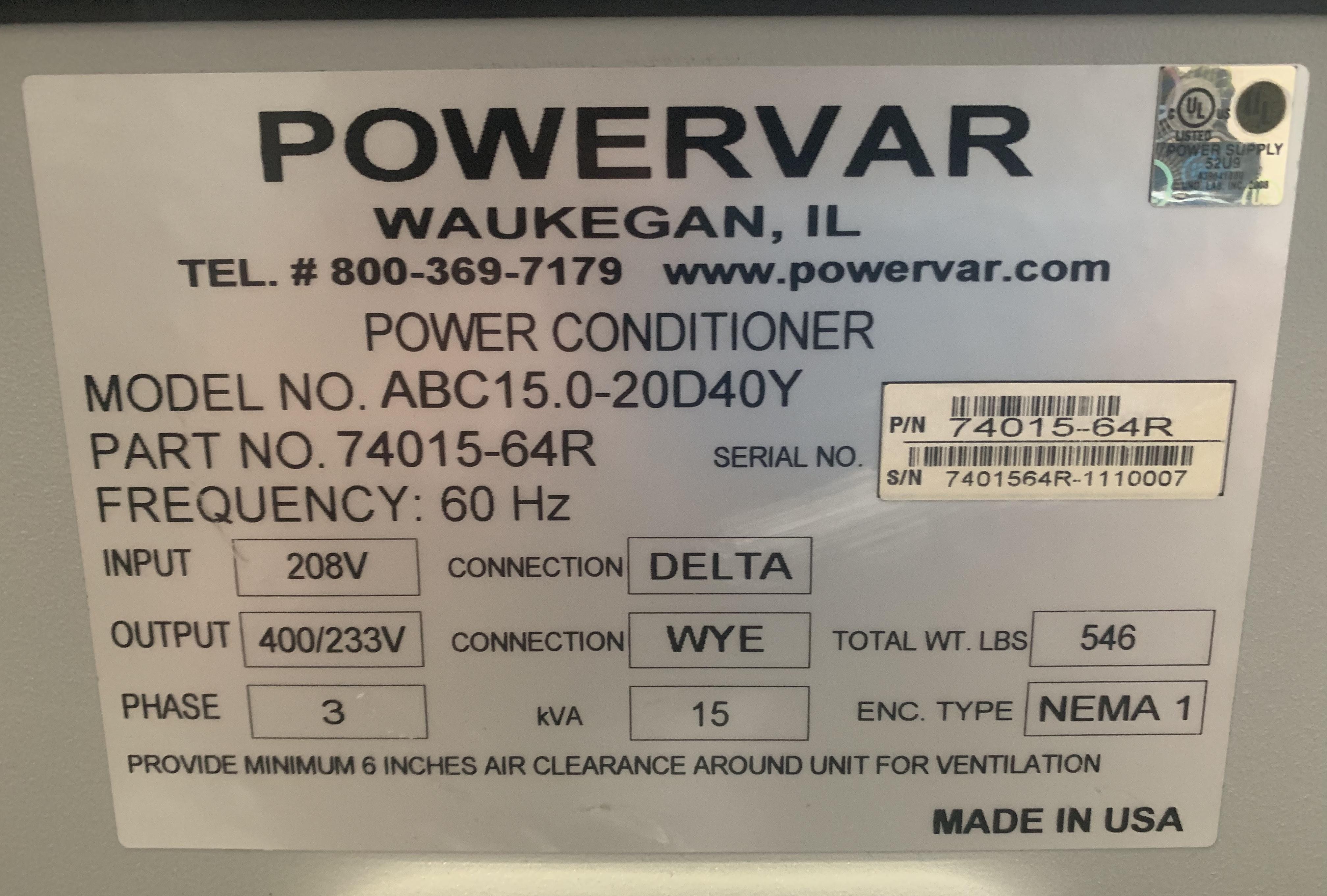 Powervar ABC15.0-20D40Y Power Supply UPS 15kVA 60Hz 220V 3-Phase Delta
