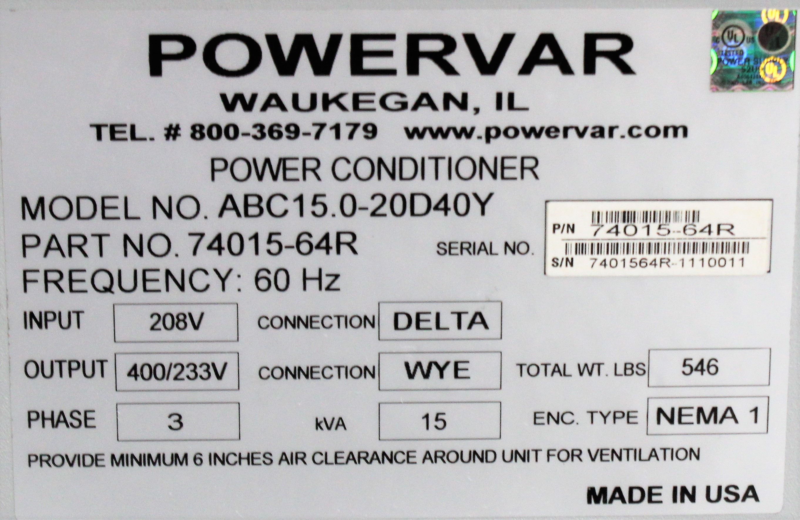 Powervar ABC15.0-20D40Y Power Supply - UPS 15kVA Efficient Noise Rejection