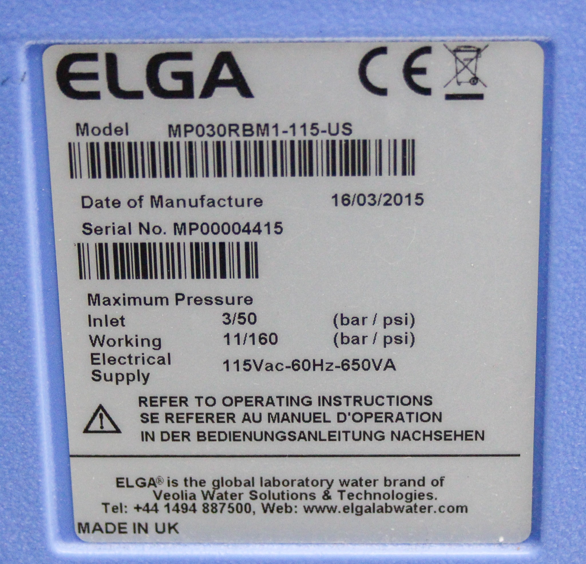 Elga MP030RBM1 Water Purification System 30L/hr Clinical Performance
