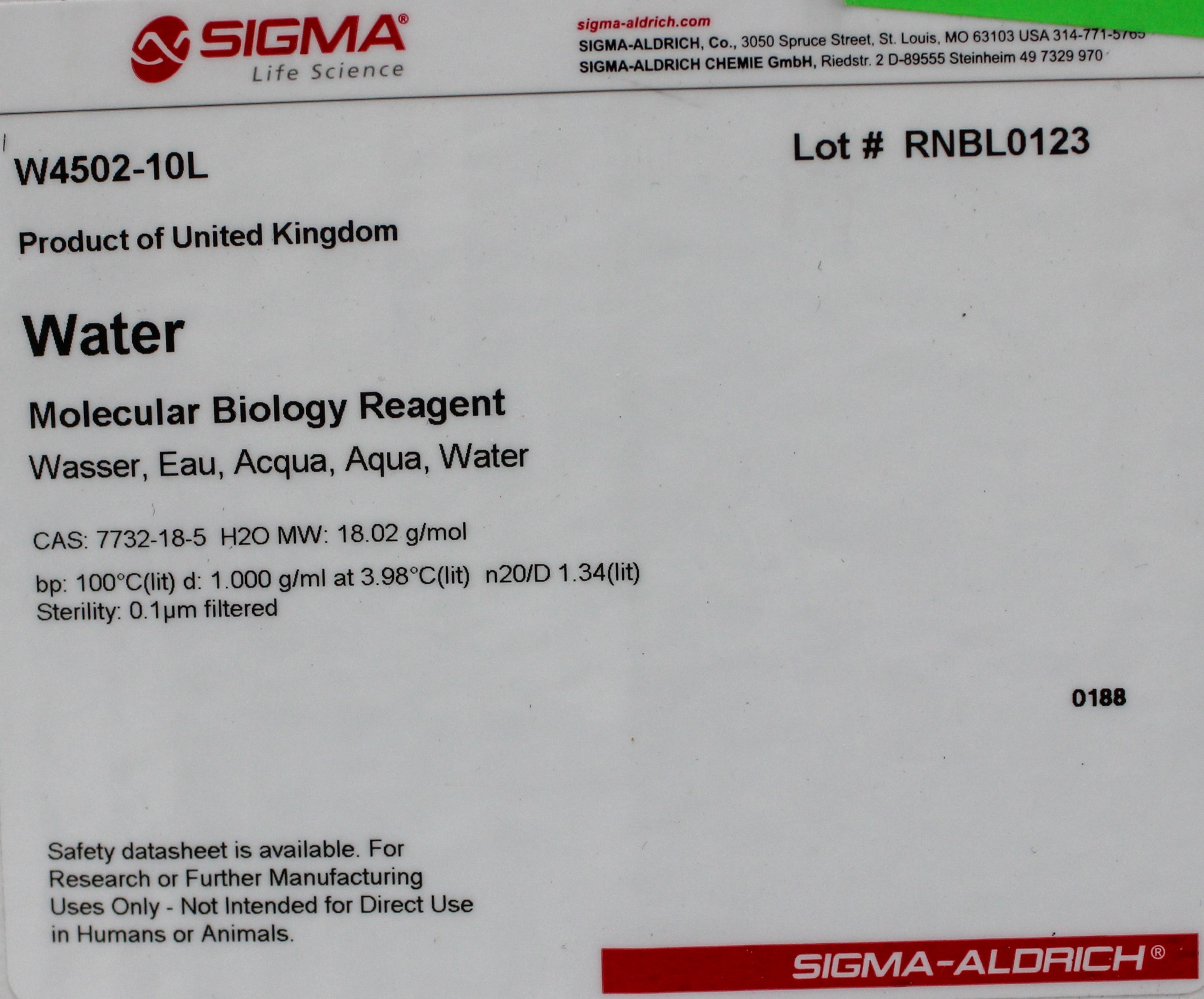 Sigma W4502-10L Sterility Water Reagent for Molecular Biology 10L