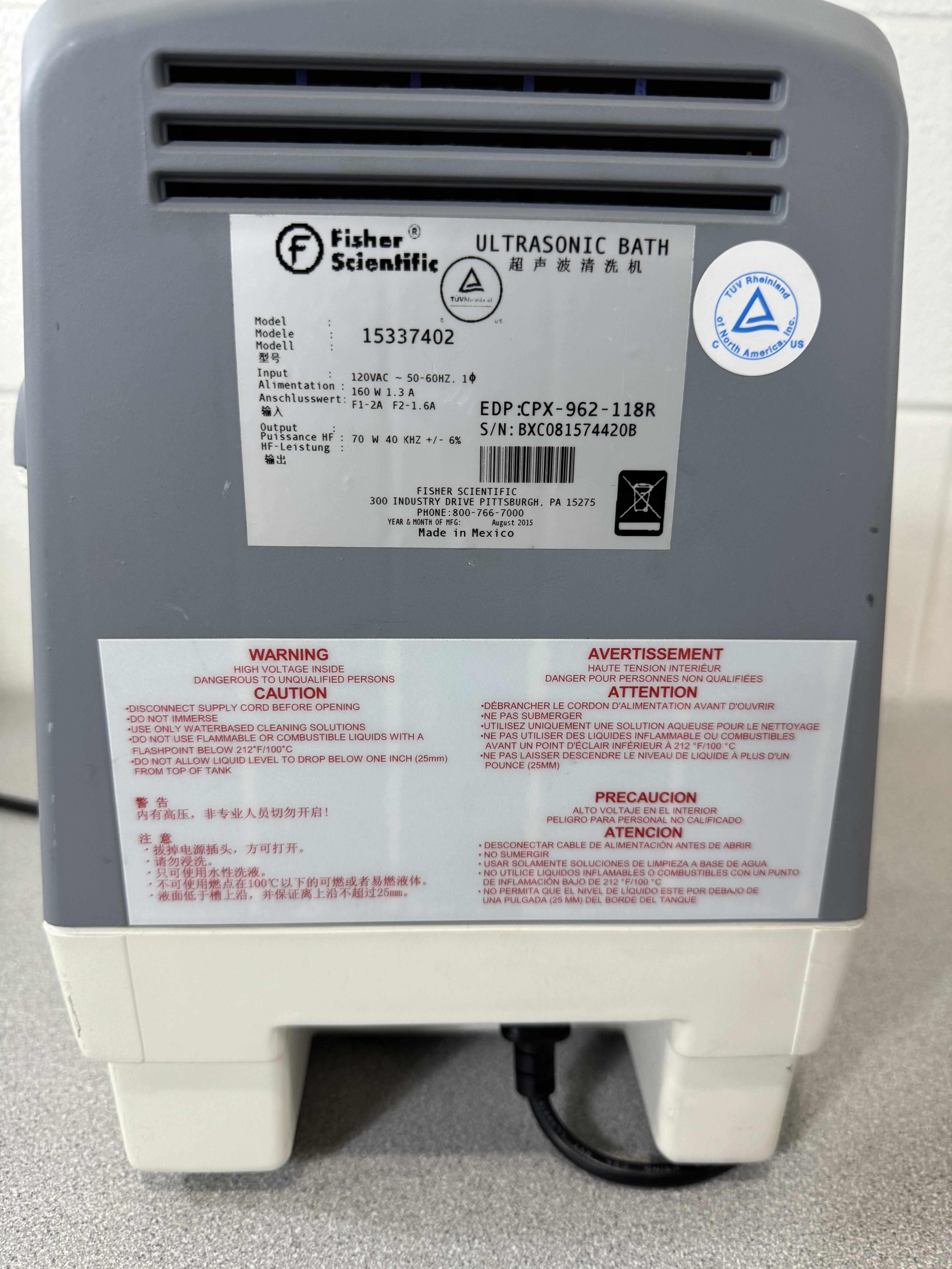 Fisher 15337402 UltraSonic Bath Used Laboratory Equipment Includes Power Cord