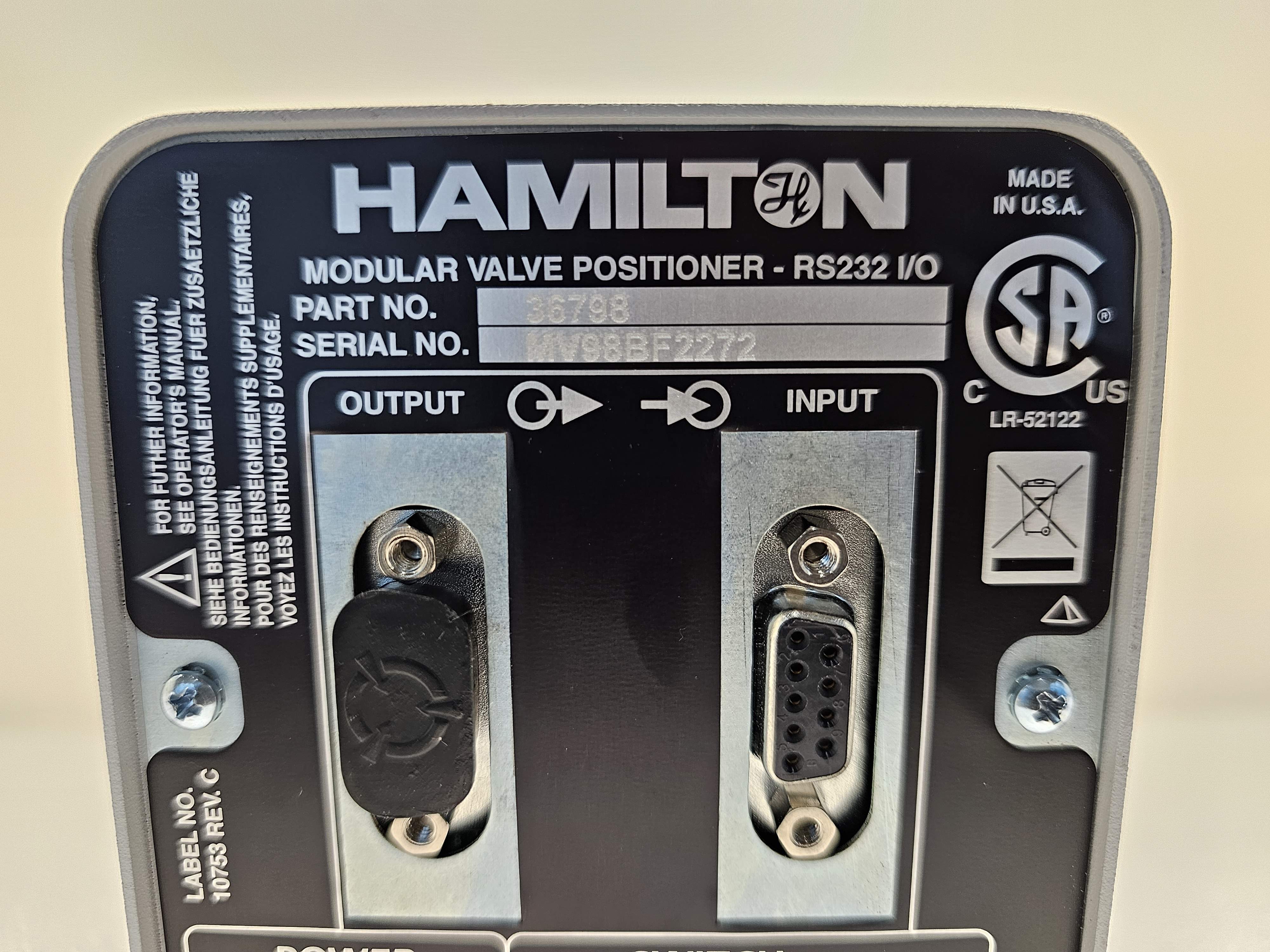 Hamilton 36798 Modular Valve Positioner RS-232 Control For Precision Applications