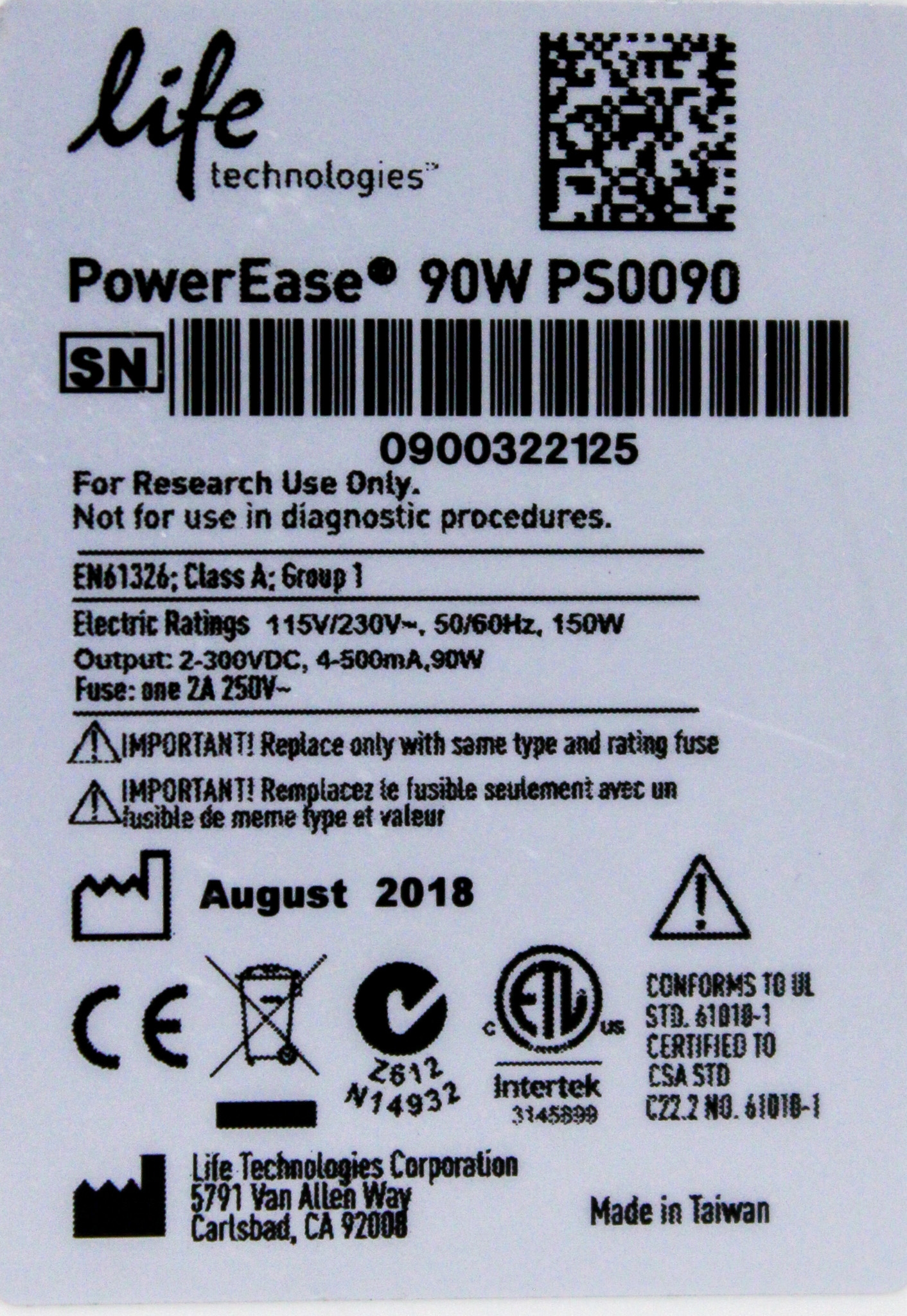 Life Technologies PS0090 Electrophoresis Power Supply 2 to 300 V 500mA 90 W 120V