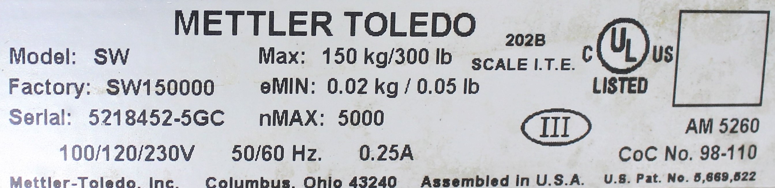 Mettler Toledo SW Speed Weigh Scale 150kg/300lb Capacity 50Hz/60Hz 120V/220V