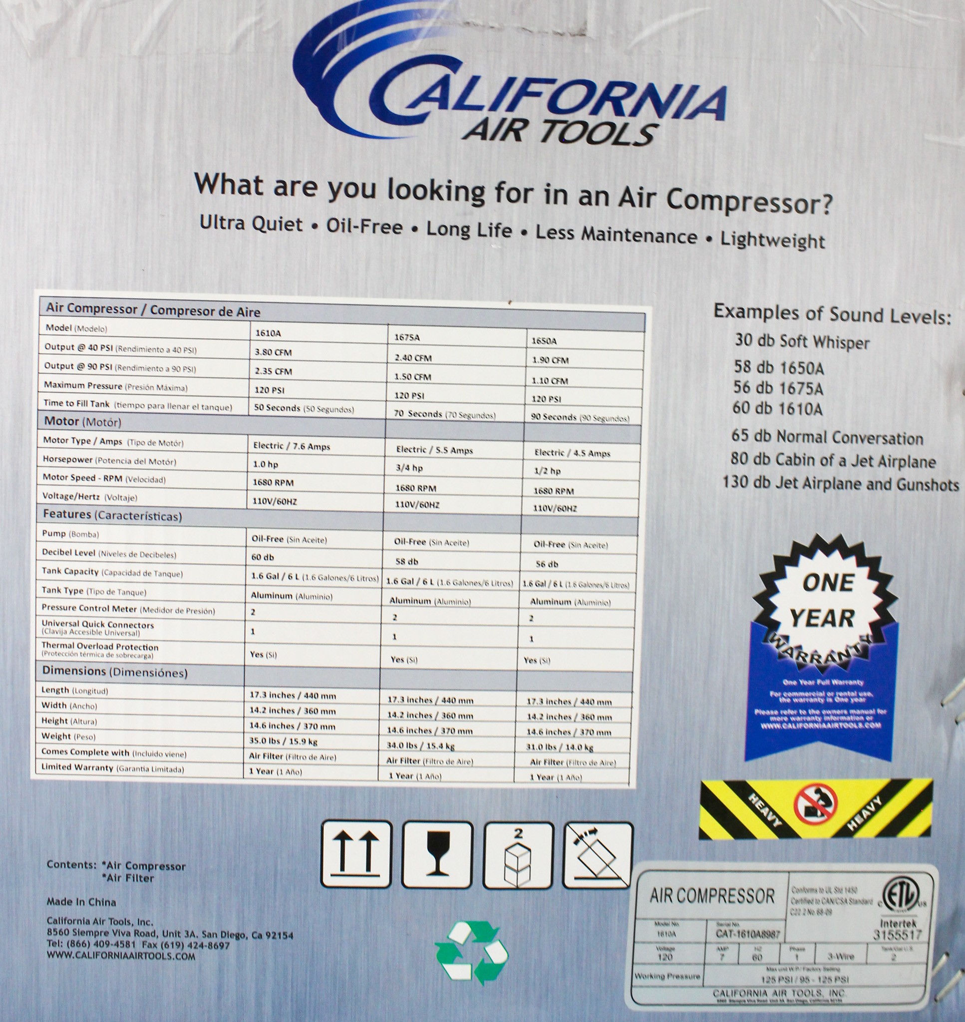California Air Tools 1610A Oil-Free Air Compressor 1HP, Ultra Quiet, 60dB