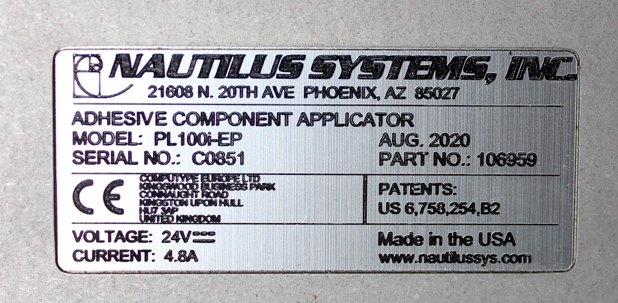 Nautilus PL100i-EP Adhesive Component Applicator - Automated Precision Unit