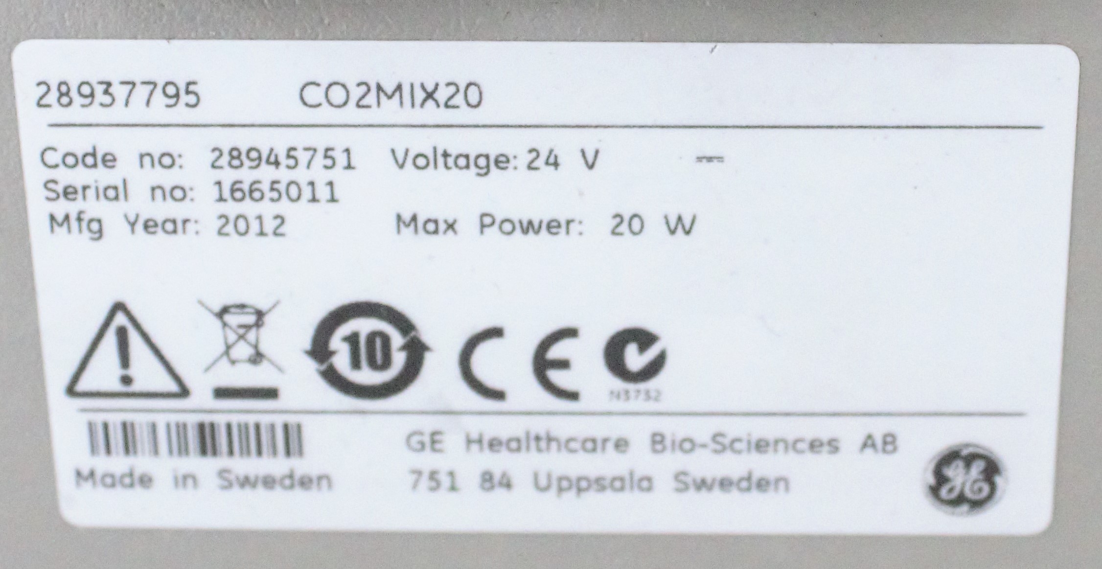 GE Healthcare CO2Mix20 Controller Bioreactor Aeration CO2 Sensor 2012 Used