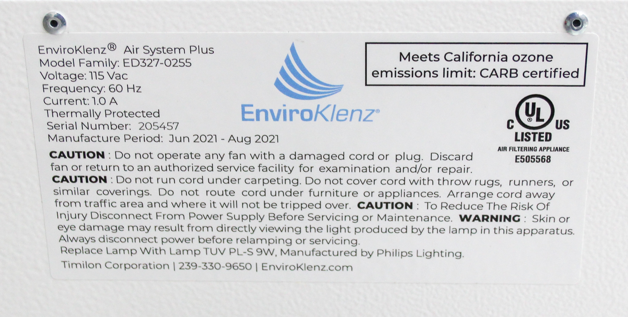 EnviroKlenz ED327-0255 UV-C Air Purifier 1000 Sq Ft HEPA Filter Used