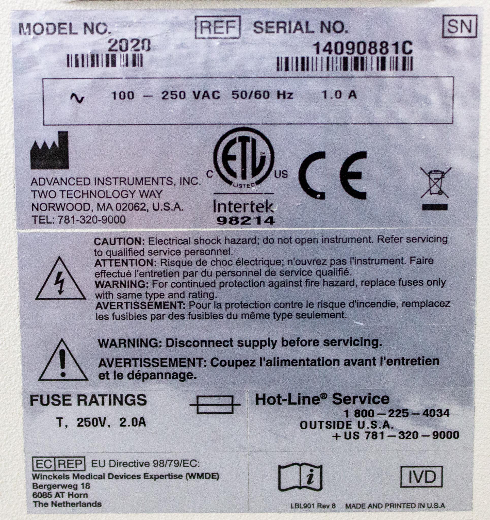 Advanced Instruments Model 2020 Osmometer 20 Sample Capacity 90s Test Time