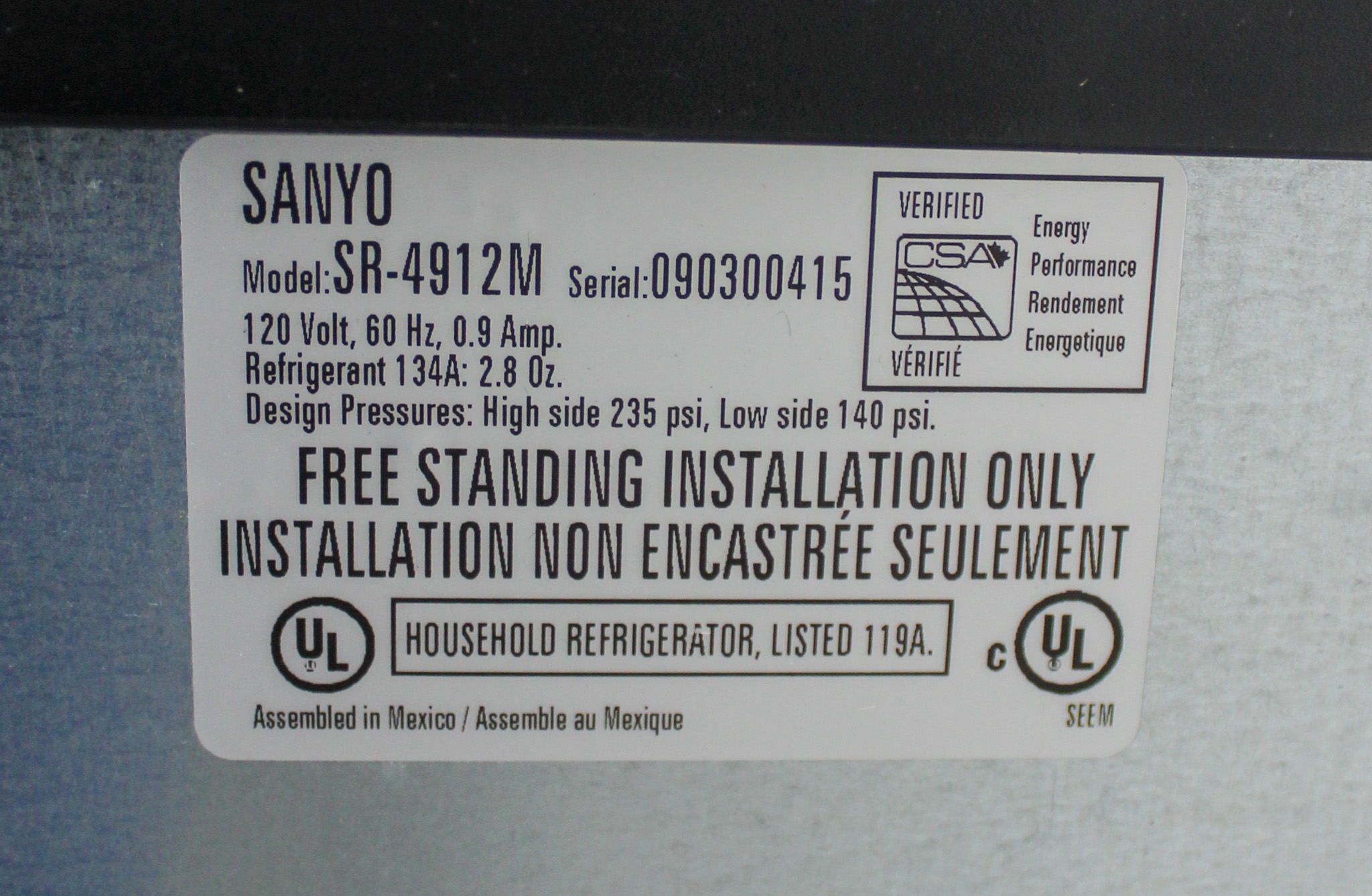 Sanyo SR-4912M Laboratory Refrigerator 4.4 cu. ft. Compact Stainless Steel