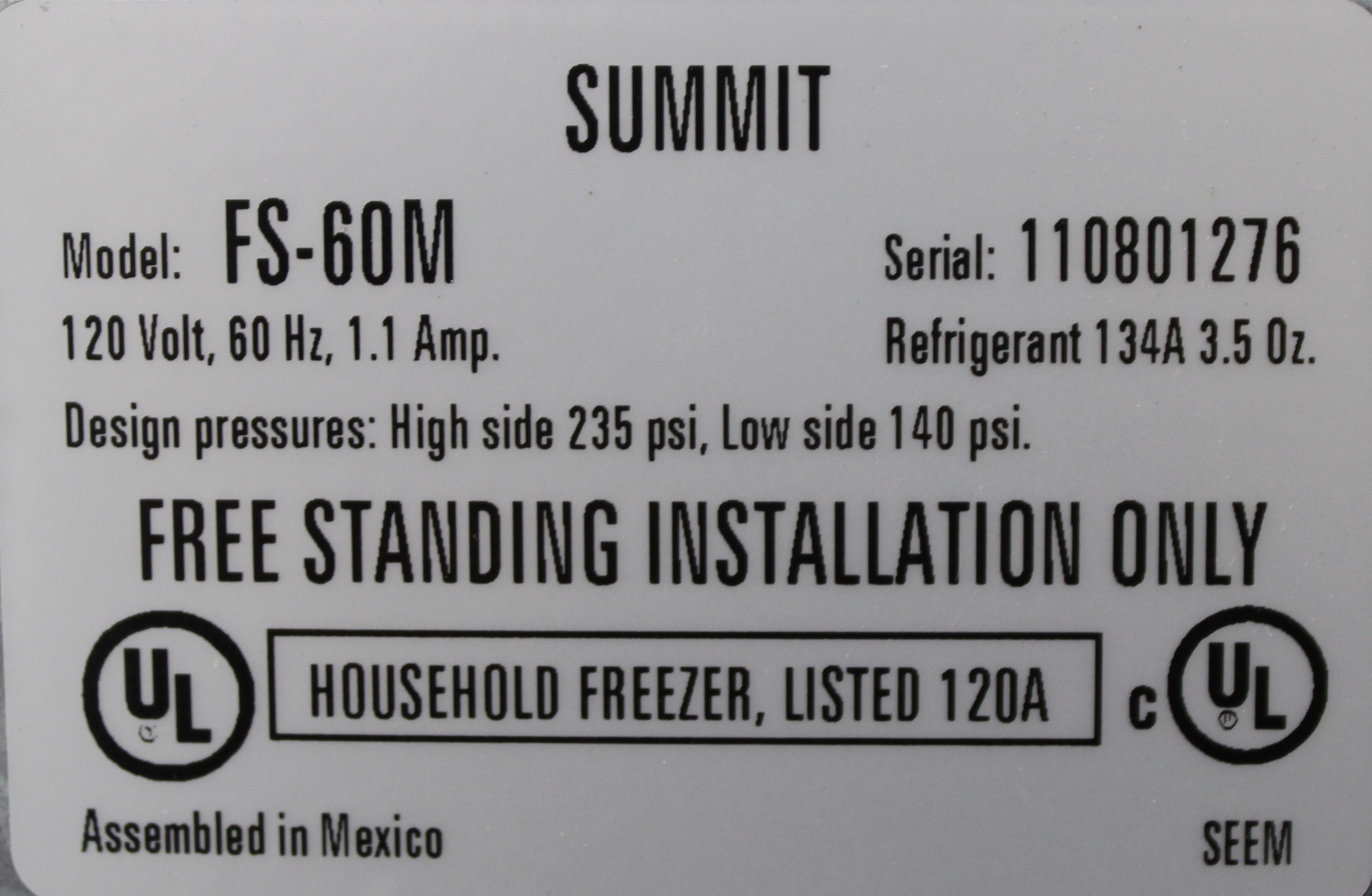 Summit FS-60M Freezer 5.0 cu.ft. Energy Efficient Compact Used VG Cond.