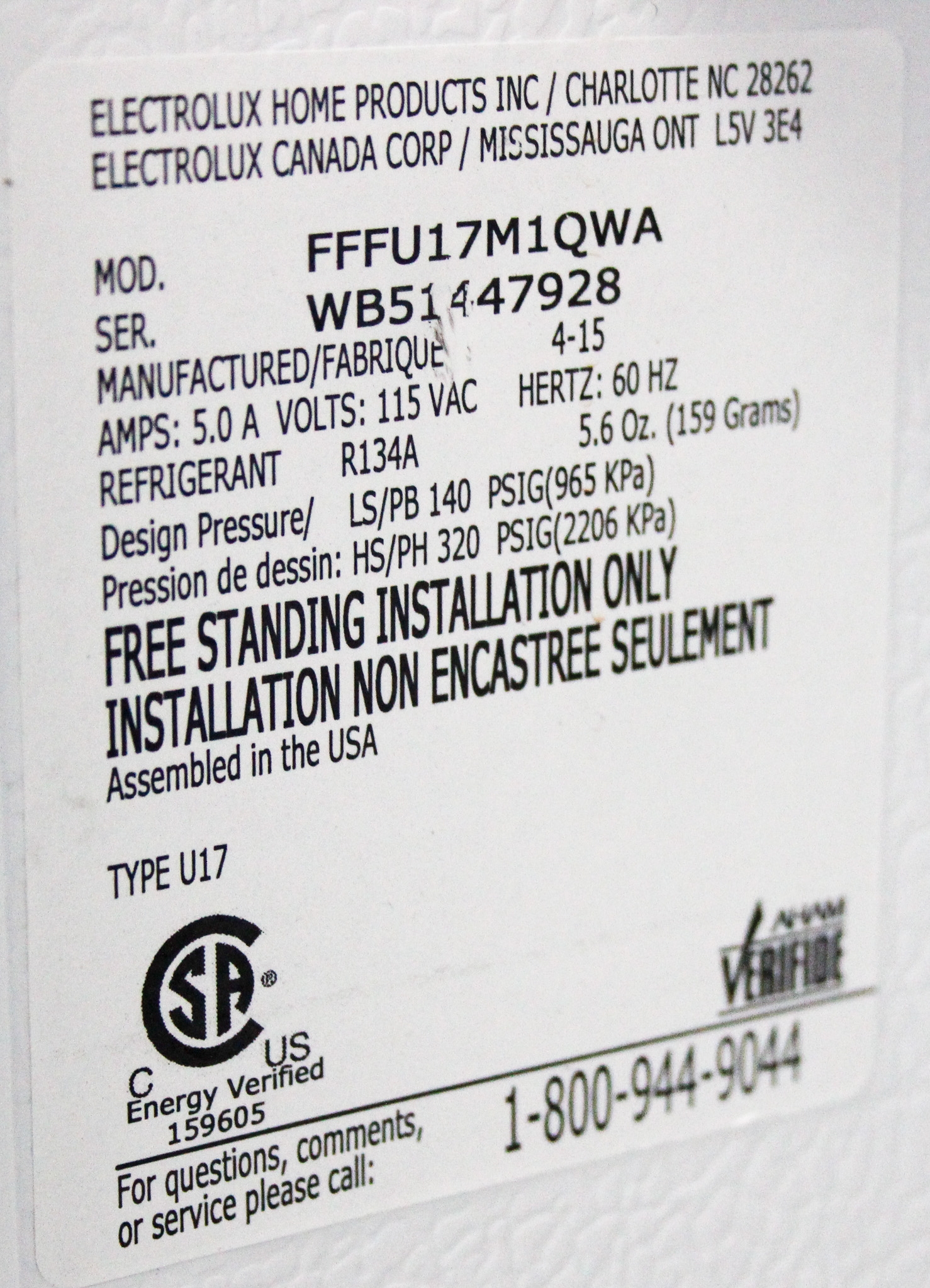 Frigidaire FFFU17M1QWA Upright Freezer 17.4 Cu Ft -28C Energy Efficient