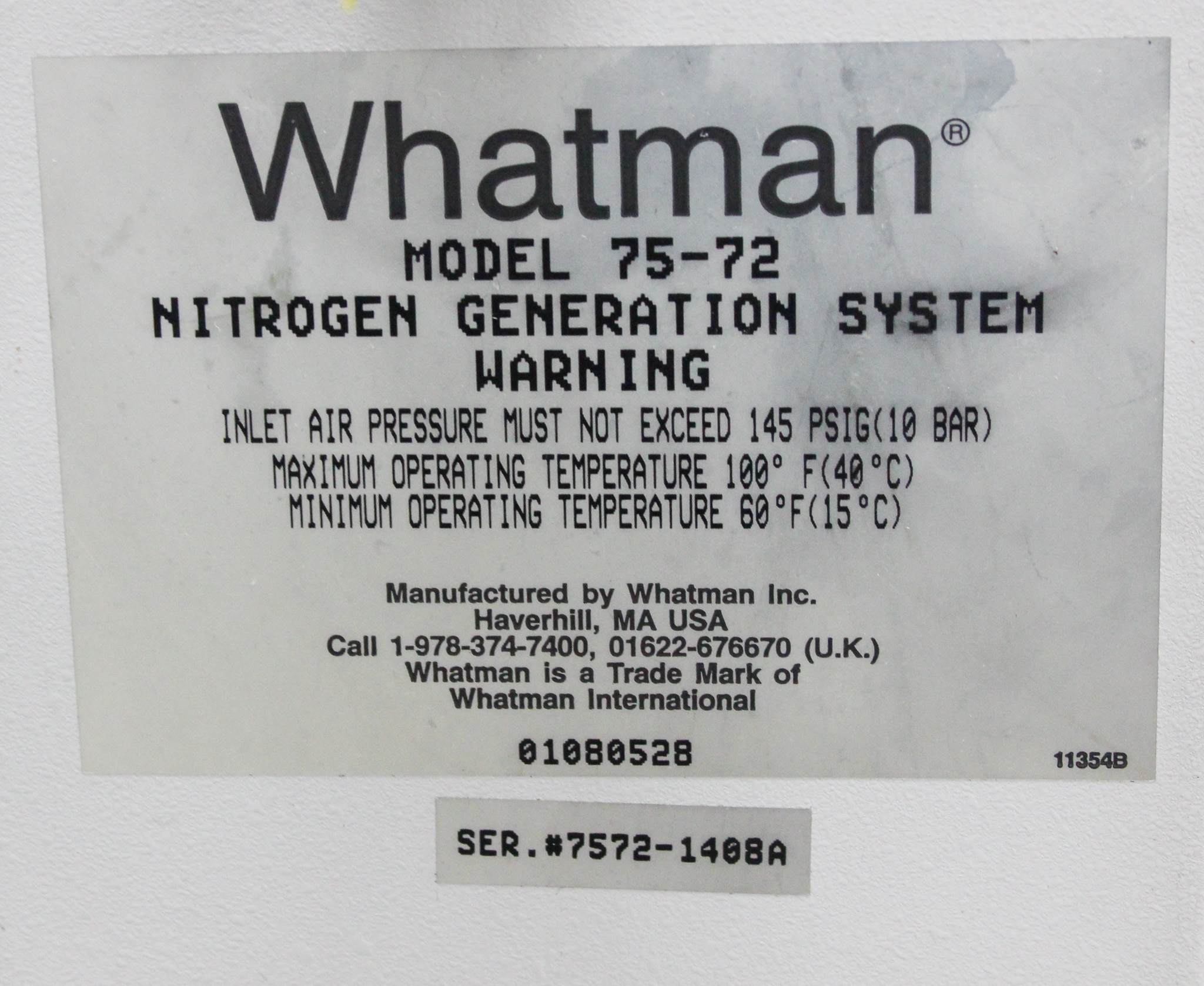 Whatman 75-72 Nitrogen Generation System for 95% to 99.5% Pure Nitrogen