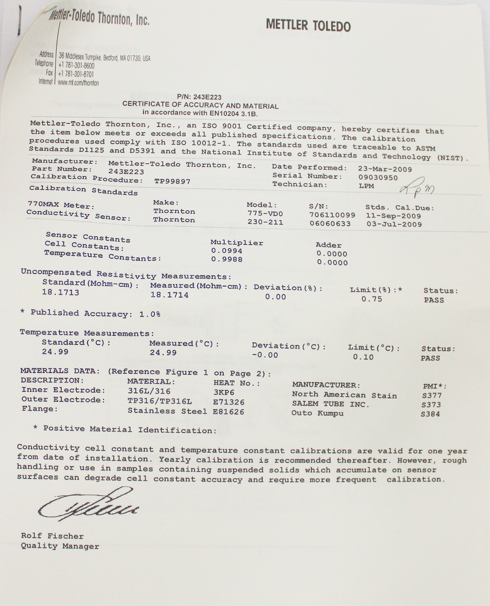 Mettler Toledo 58031223 Water Analyzer Sensor 0.02-50,000 S/cm w/ Tri-Clamp
